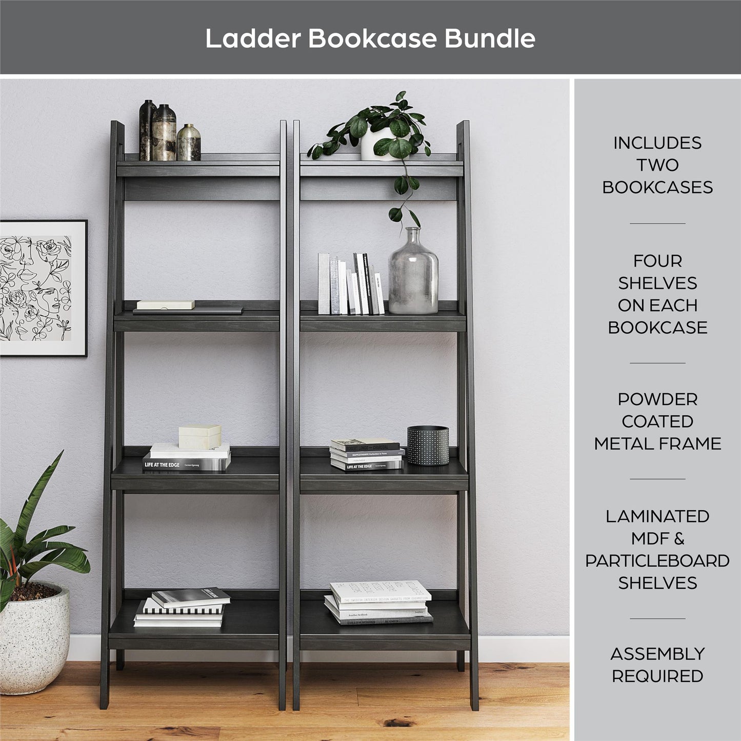 Lawrence 4 Shelf Ladder Bookcase Bundle, Set of 2 - Black