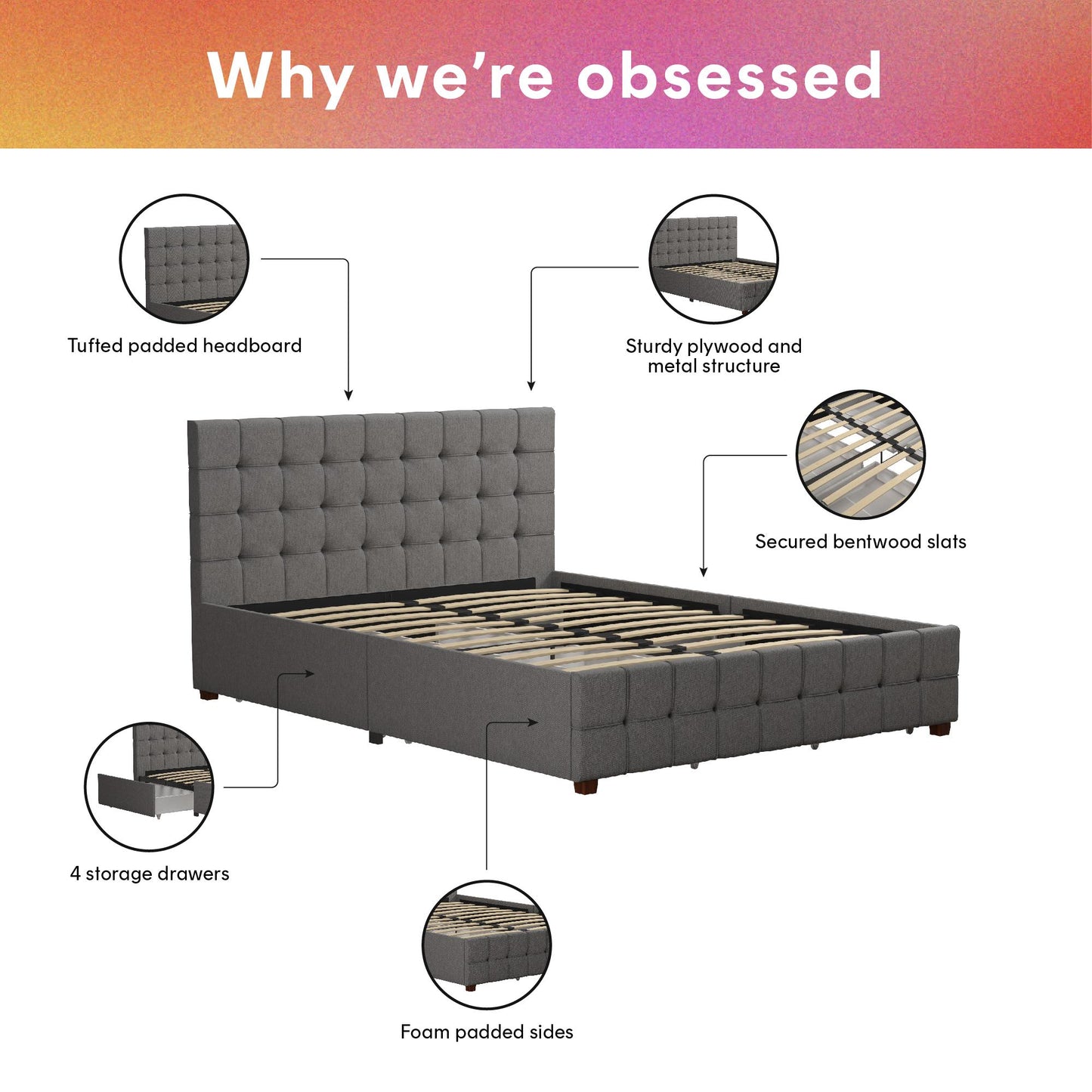 Elizabeth Upholstered Bed with Storage - Grey Linen - Queen