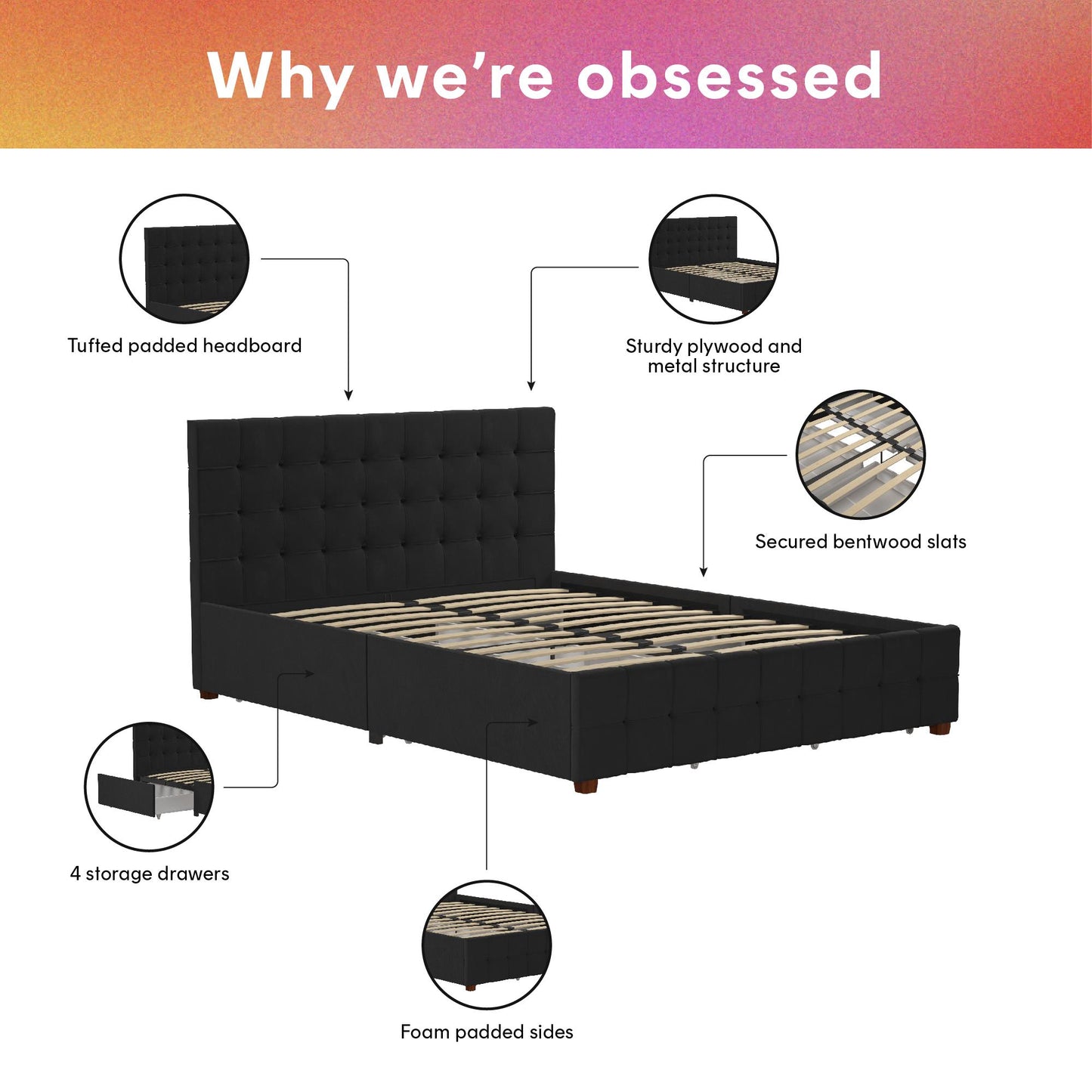 Elizabeth Upholstered Bed with Storage - Black - Queen