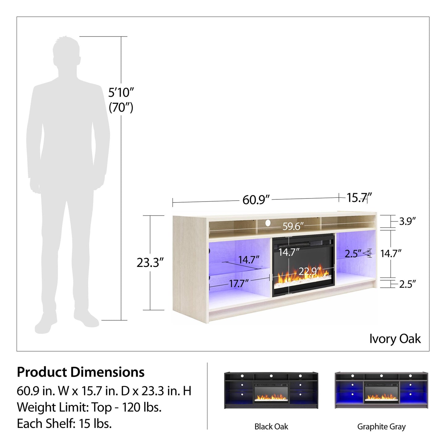 Luna 65 In Fireplace TV Stand - Ivory Oak