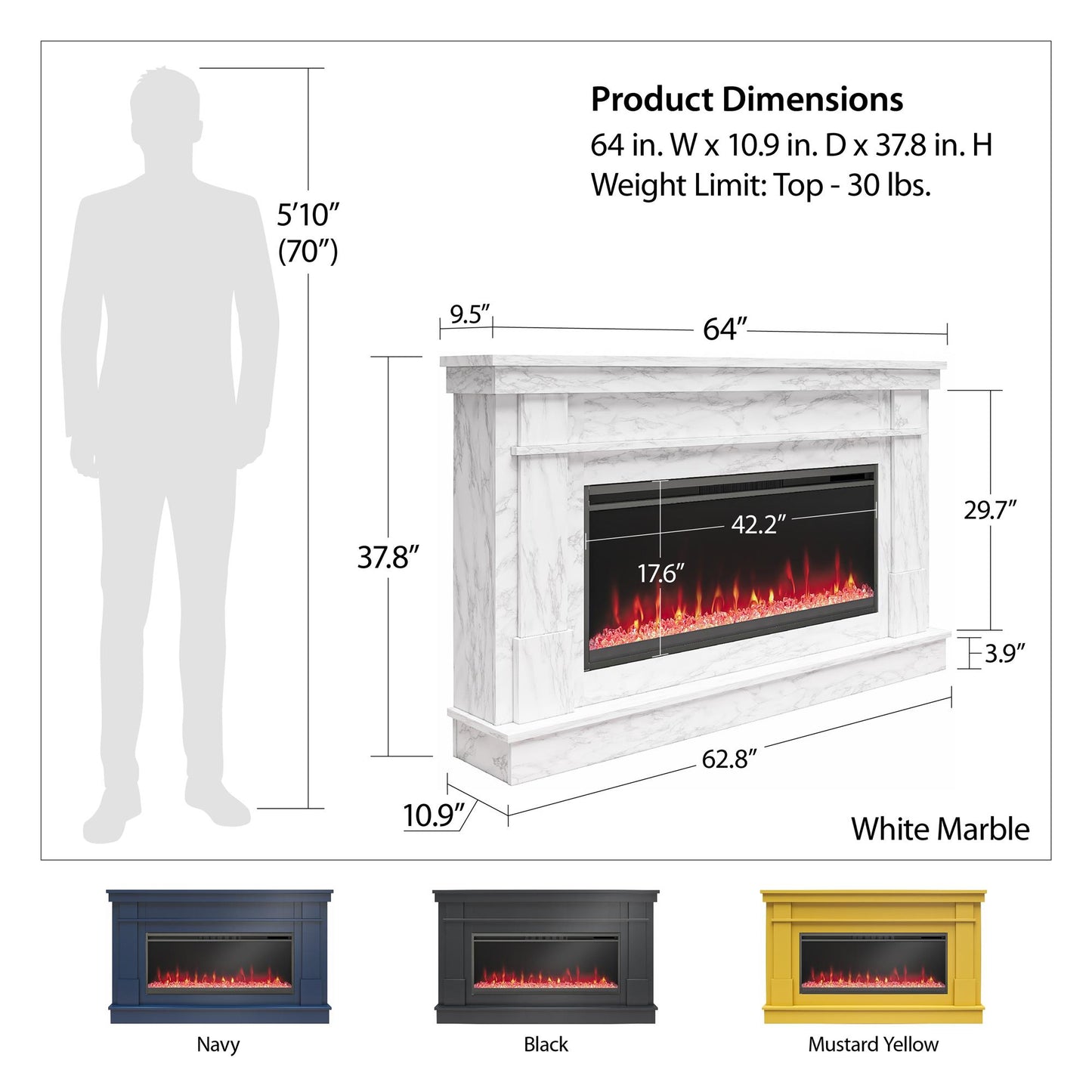 Waverly Wide Mantel with Linear Electric Fireplace & Crystal Ember Bed, Black - Black