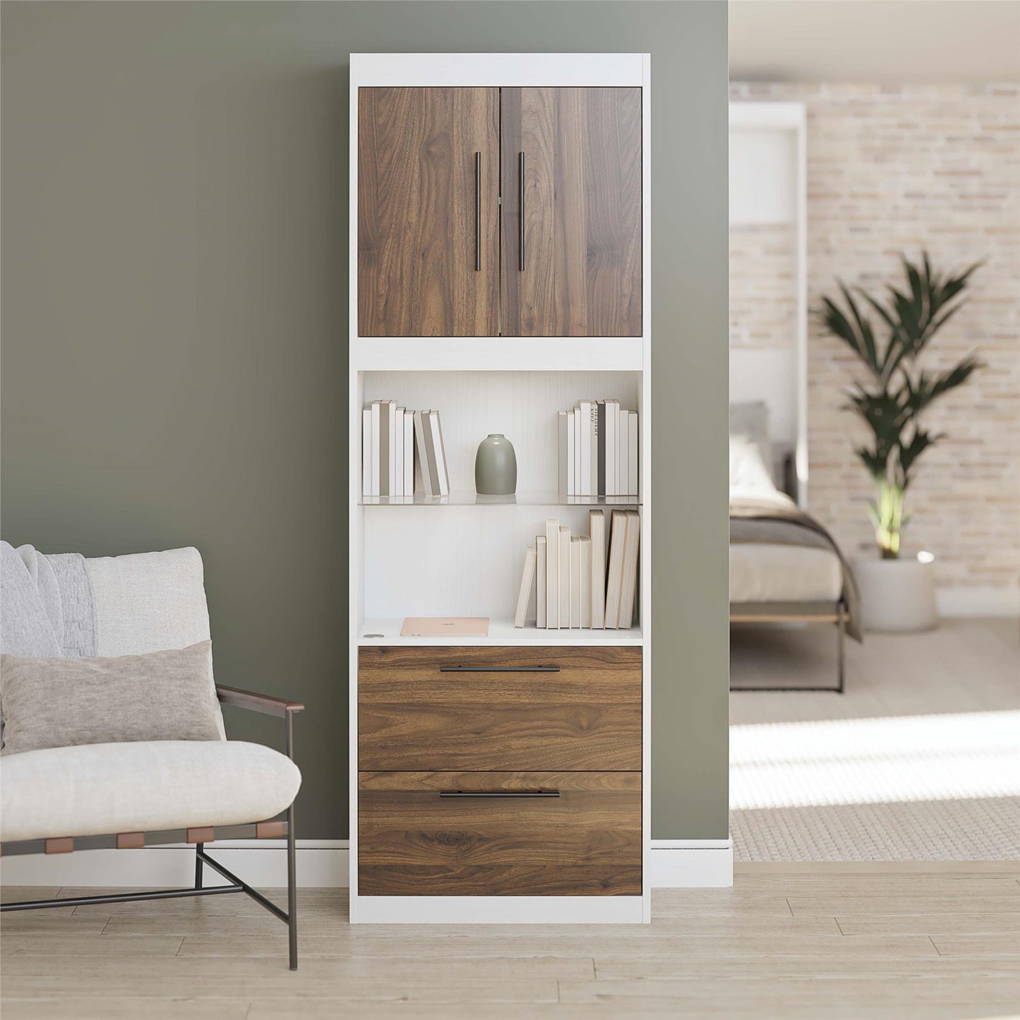 Single Side Cabinet Glass Shelf LED Lighting - Columbia Walnut