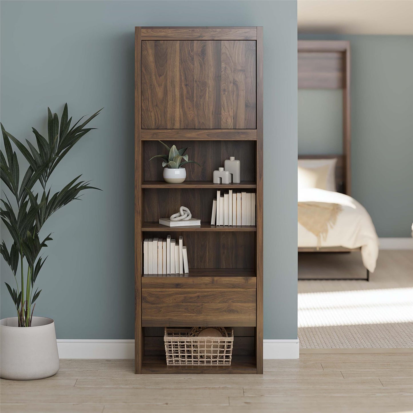Paramount Single Side Cabinet for Wall Beds with Pullout Nightstand and Storage - Columbia Walnut