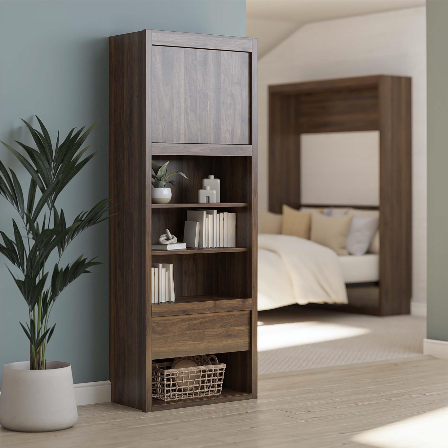 Paramount Single Side Cabinet for Wall Beds with Pullout Nightstand and Storage - Columbia Walnut