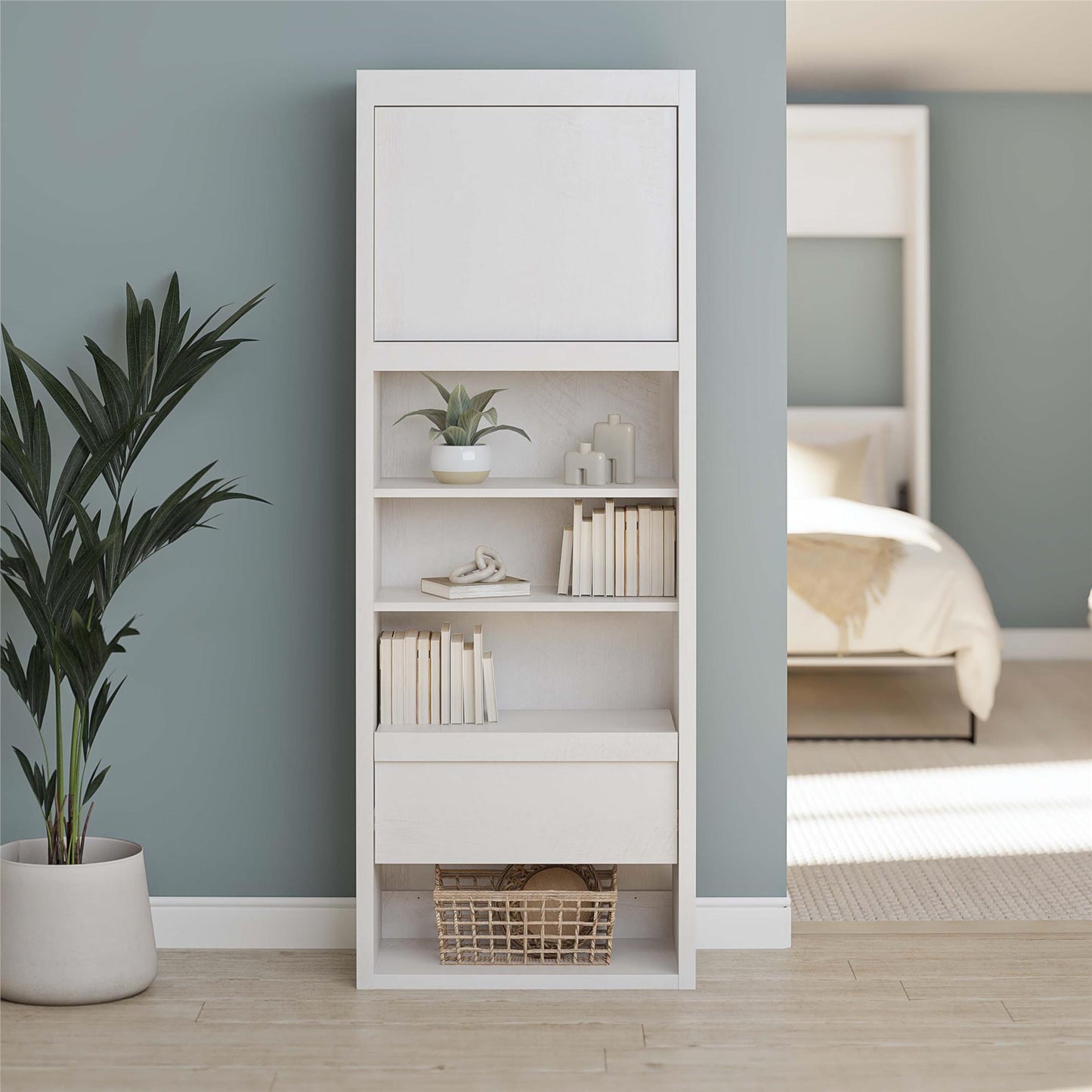 Paramount Single Bedside Bookcase with Pullout Nightstand and Storage, Ivory Oak - Ivory Oak