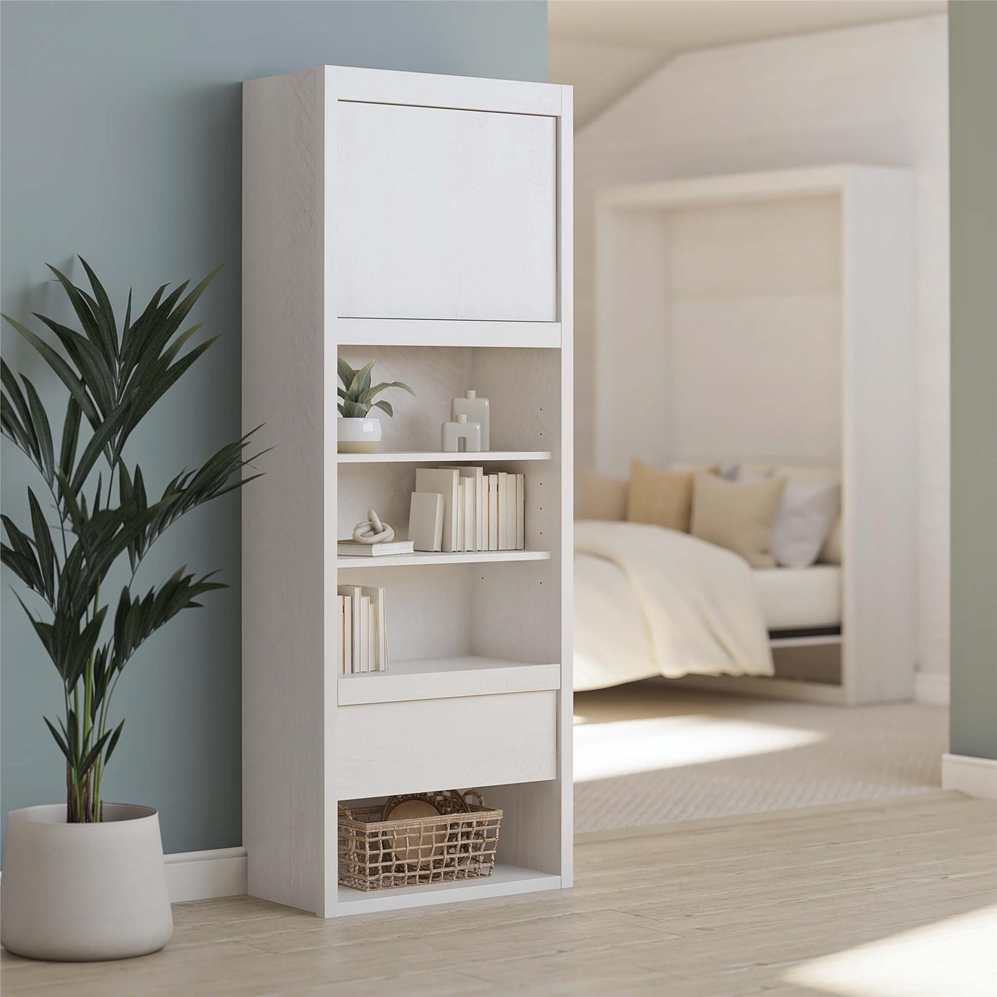 Paramount Single Bedside Bookcase with Pullout Nightstand and Storage, Ivory Oak - Ivory Oak