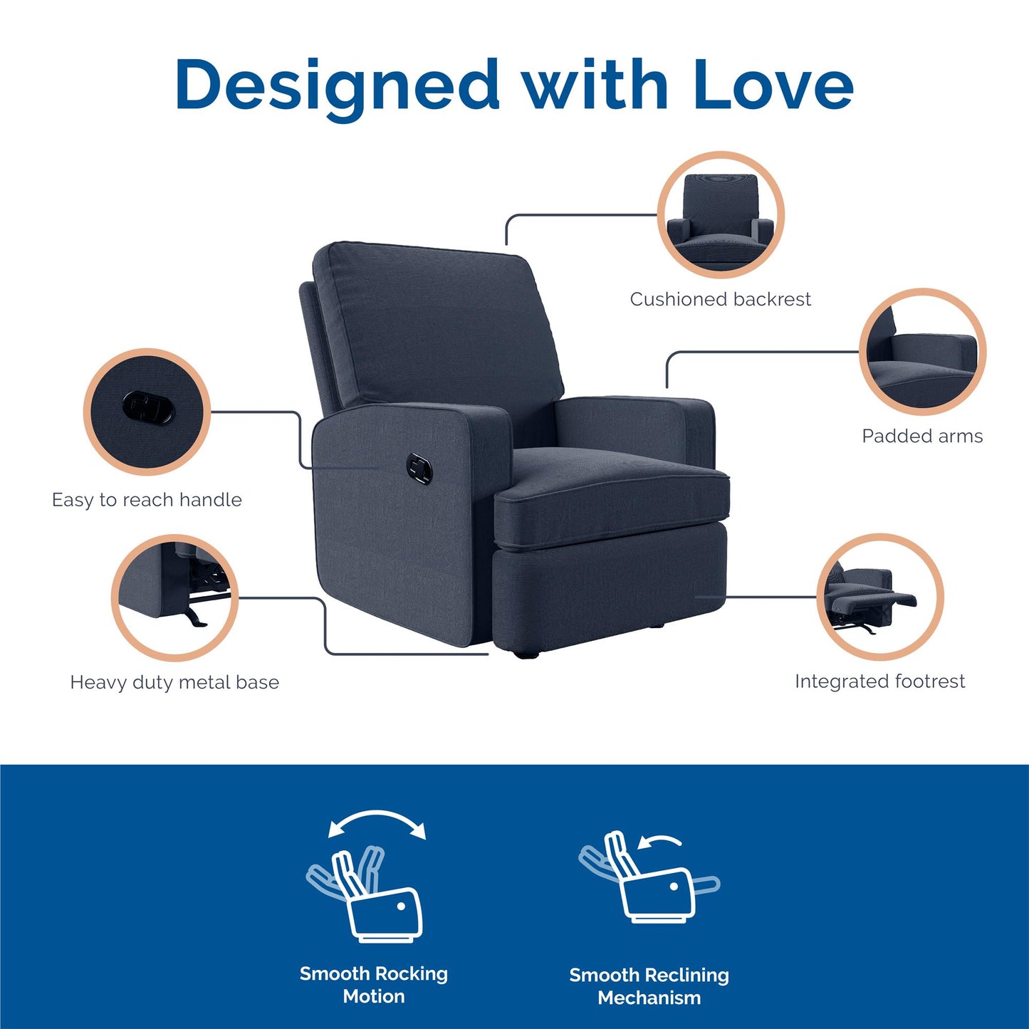 Baby Relax Salma Rocker Recliner Chair, Navy Chenille - Navy
