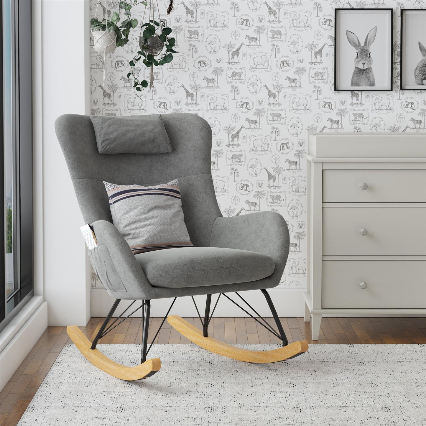 Robbie Rocker Accent Chair with Storage Pockets and Matching Pillow Headrest - Gray