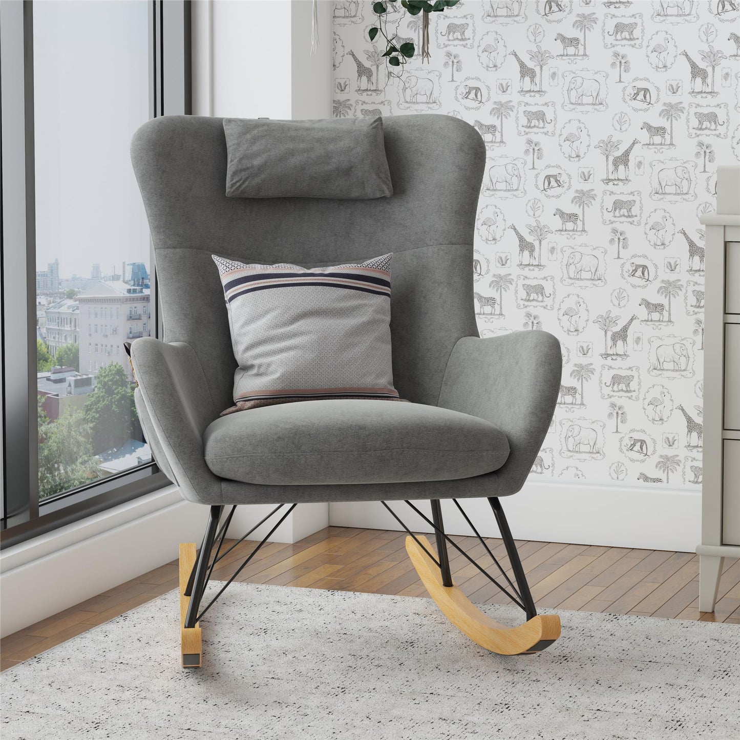 Robbie Rocker Accent Chair with Storage Pockets and Matching Pillow Headrest - Gray