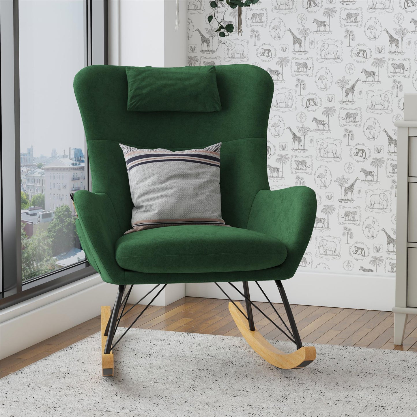 Robbie Rocker Accent Chair with Storage Pockets and Matching Pillow Headrest - Green