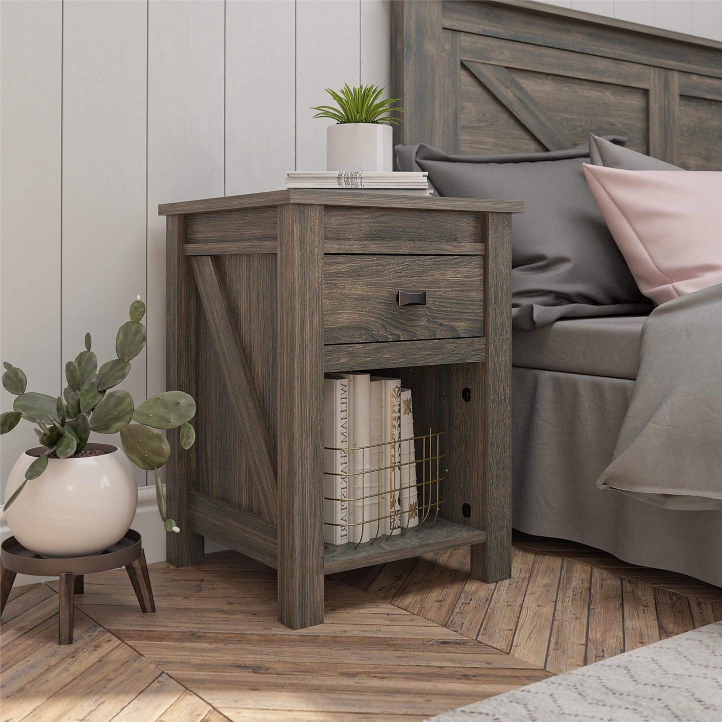 Farmington Rustic Farmhouse Nightstand with 1 Drawer - Weathered Oak