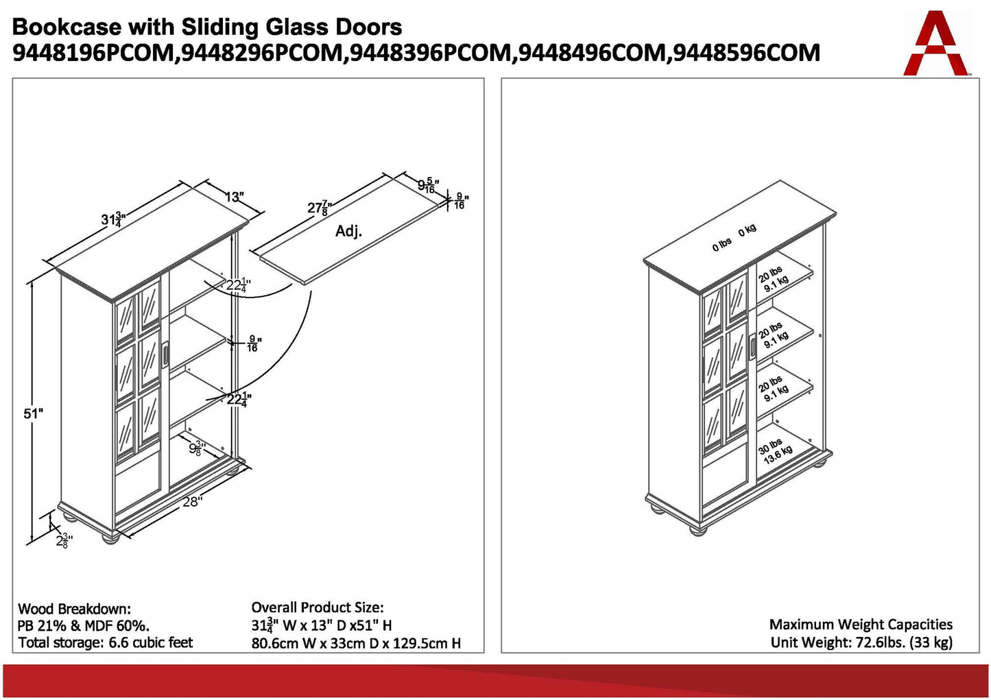 Aaron Lane Tall Bookcase with 2 Sliding Glass Doors - Red