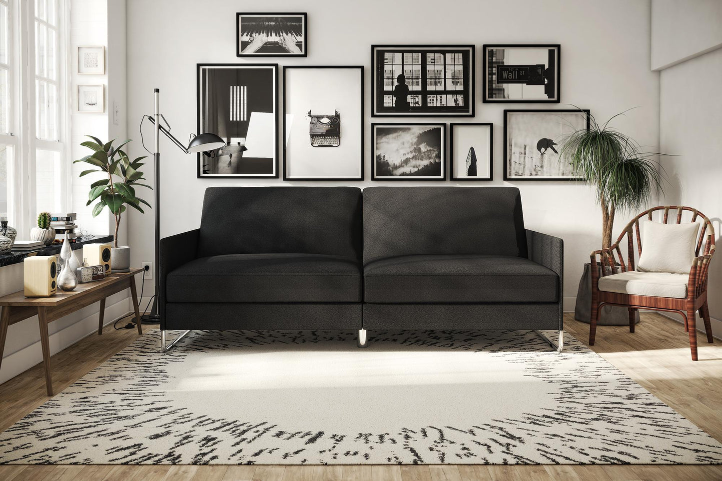 Pembroke Convertible Futon with Armrests and Metal Sleigh Legs - Grey Linen