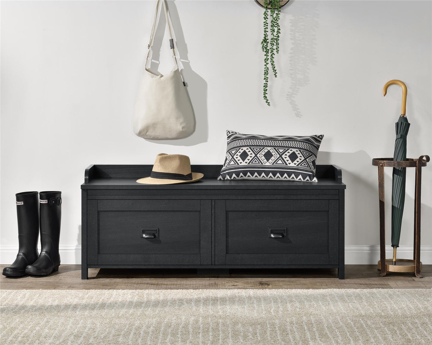 Farmington Rustic Farmhouse Entryway Storage Bench with Drawers - Black Oak