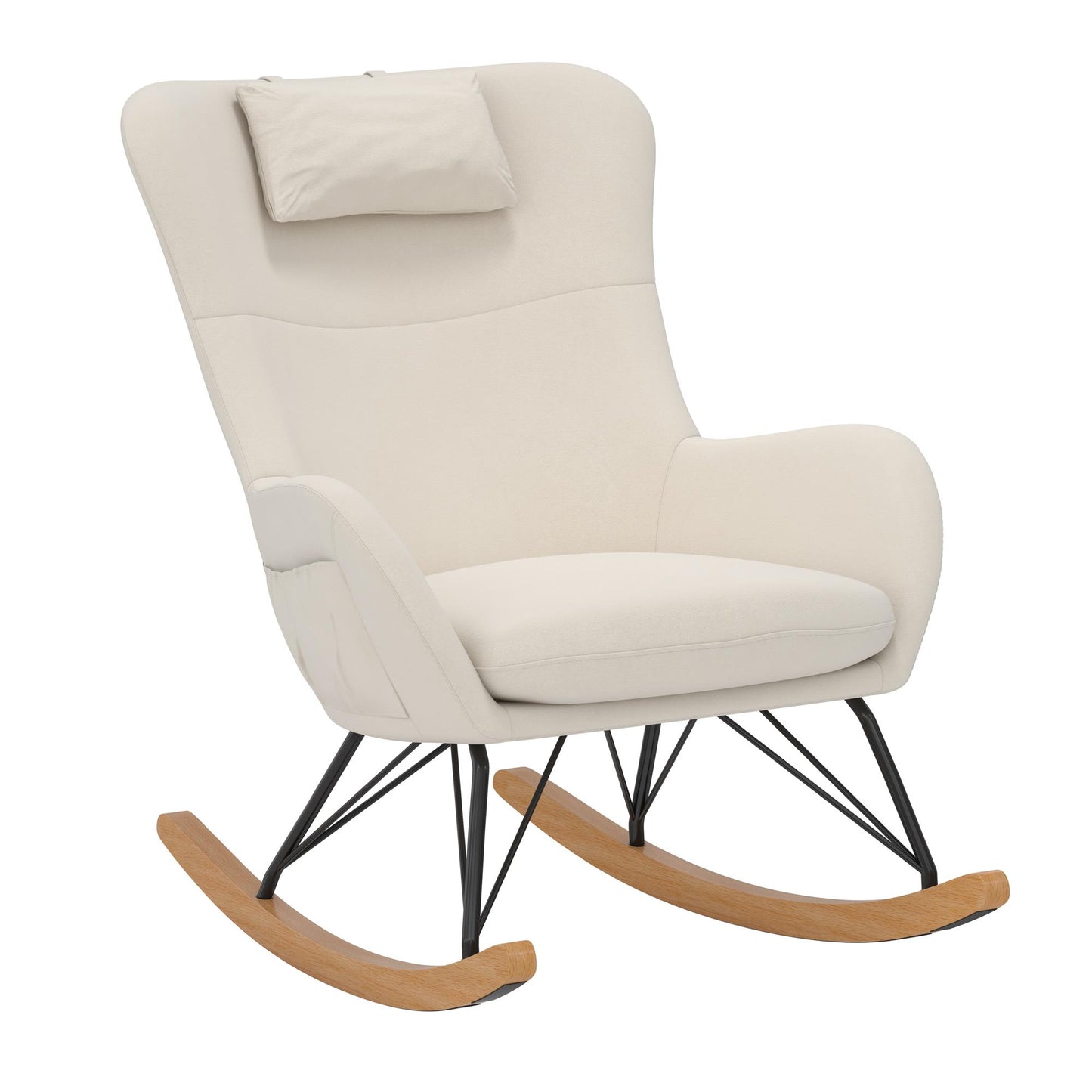 Robbie Rocker Accent Chair with Storage Pockets and Matching Pillow Headrest - Beige