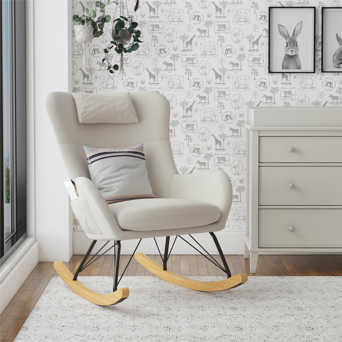 Robbie Rocker Accent Chair with Storage Pockets and Matching Pillow Headrest - Beige