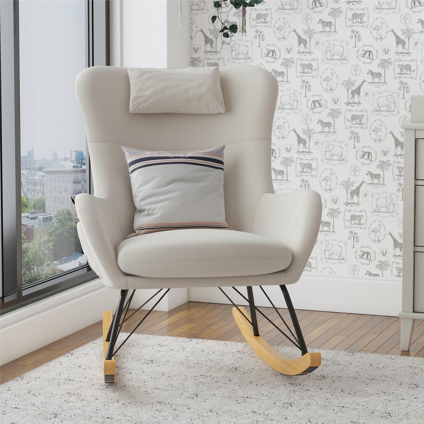 Robbie Rocker Accent Chair with Storage Pockets and Matching Pillow Headrest - Beige