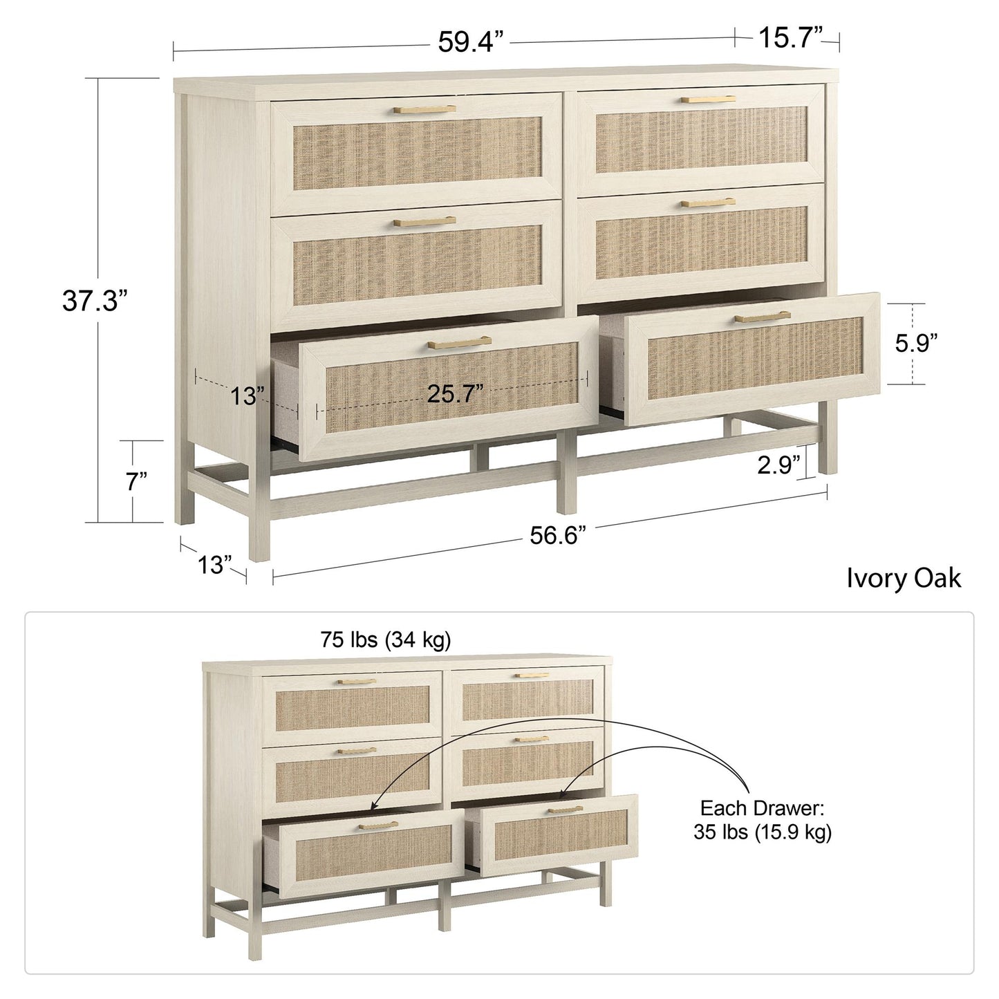 Lennon 6 Drawer Dresser - Medium Brown