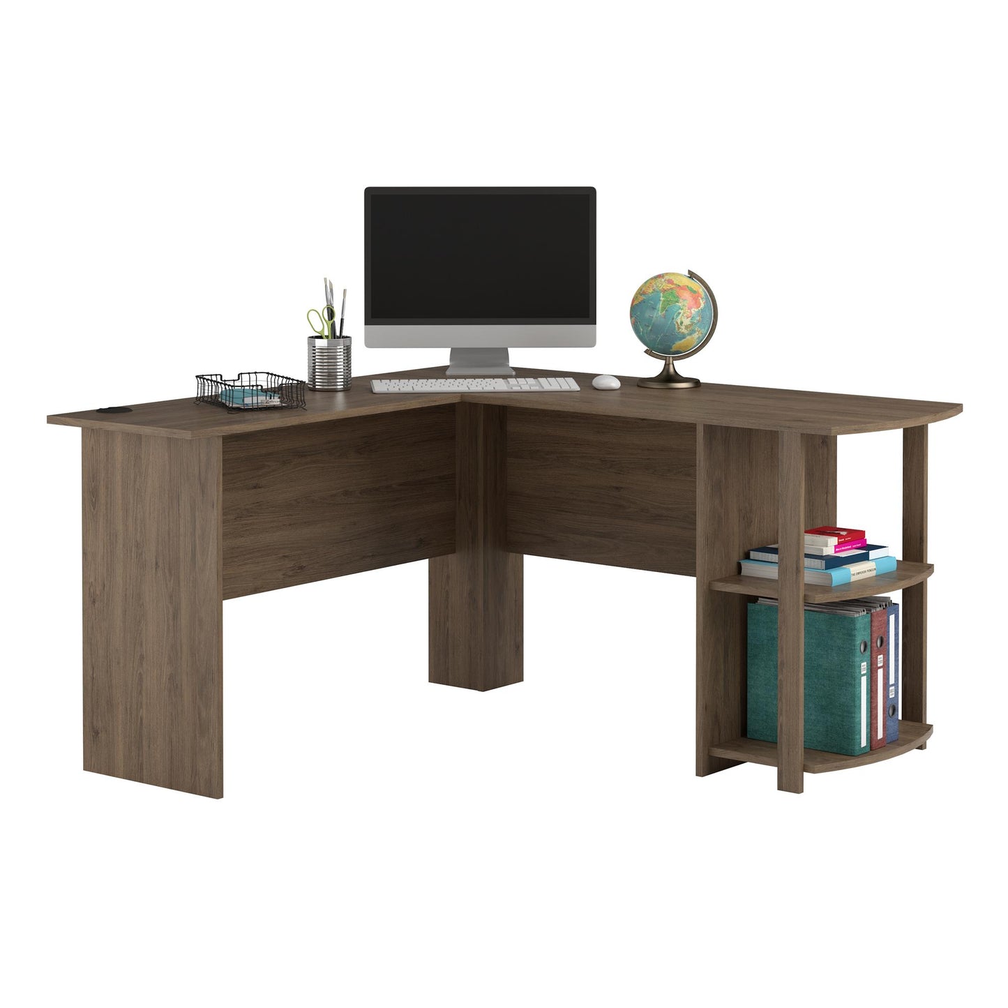 Dakota Computer L Desk with Side Bookshelf and Large Worksurface - Rustic Oak
