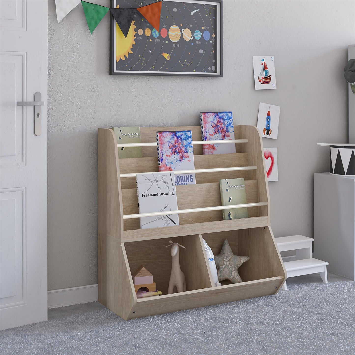 Jocelyn Kids Book and Toy Storage with 3 Shelves and 2 Open Compartments - Blonde Oak