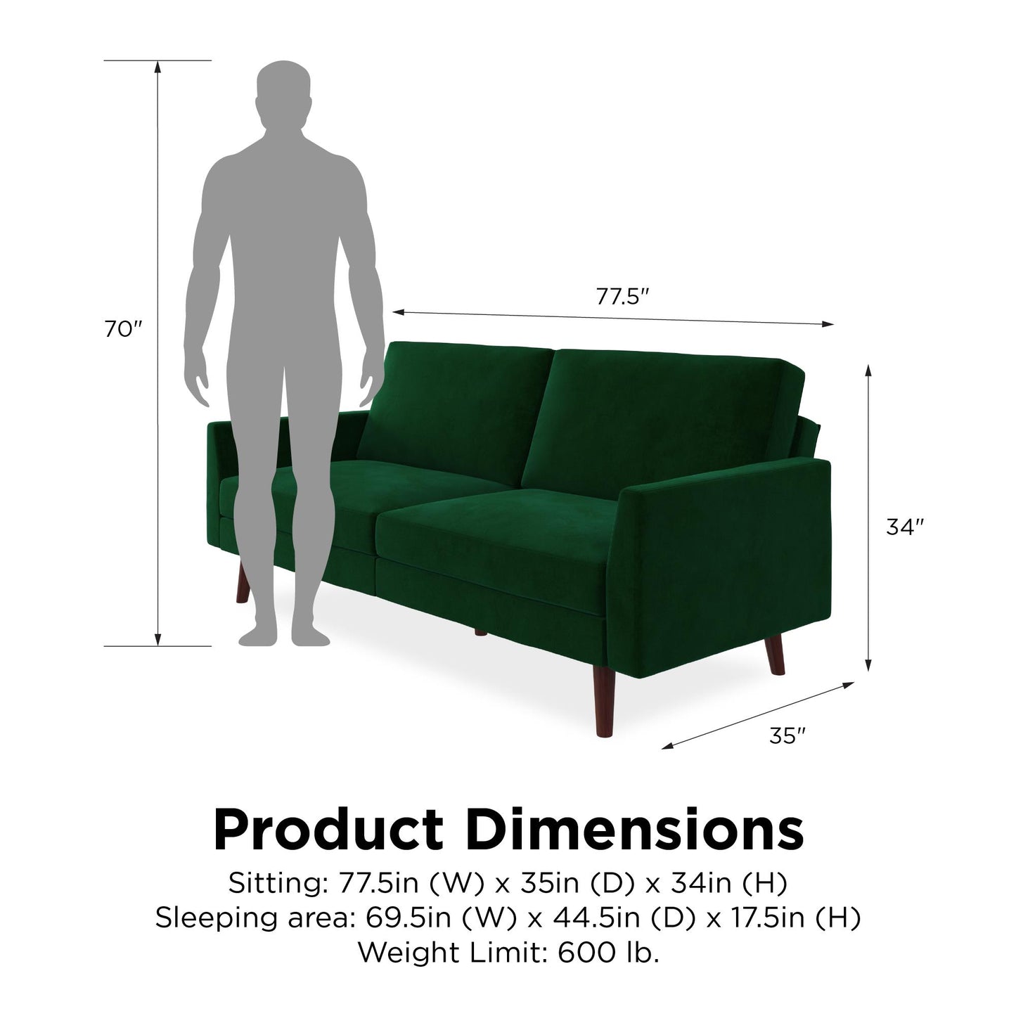 Jules Coil Futon with Solid Wooden Legs and Velvet Upholstery - Green