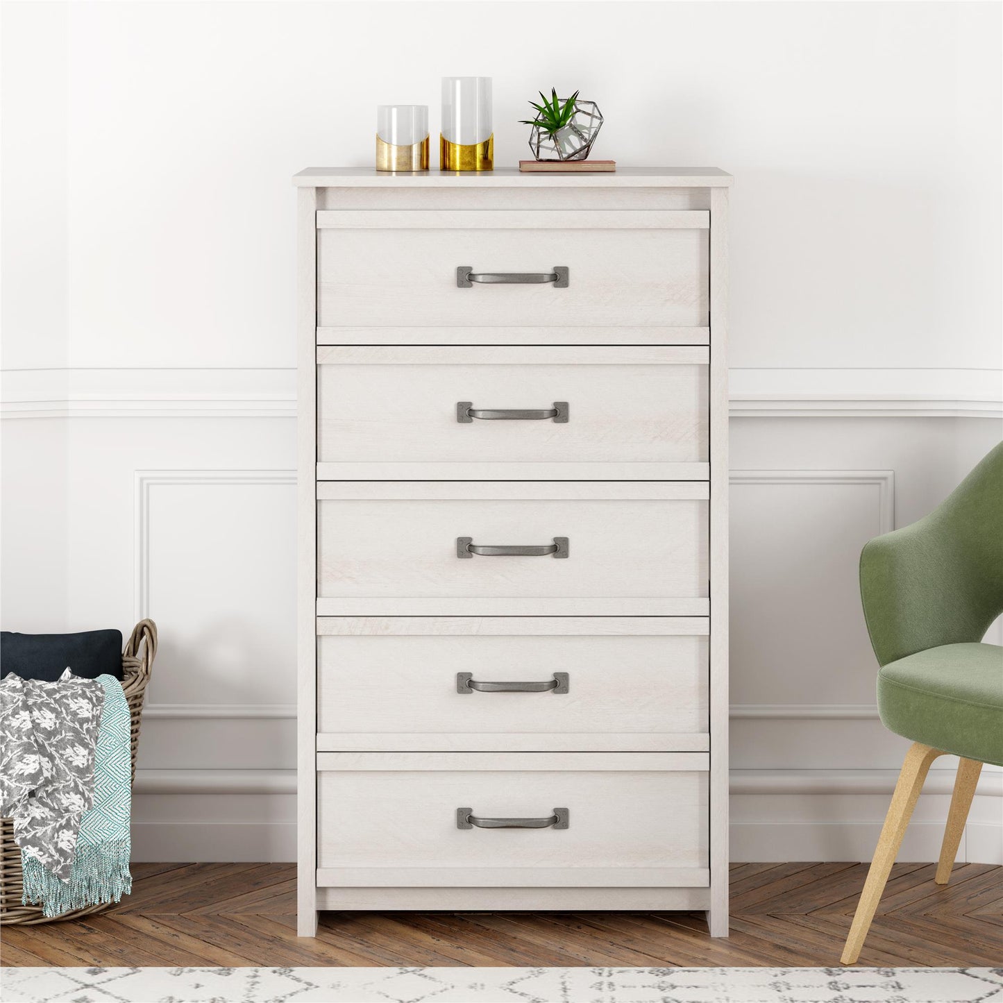 Bassinger 5 Drawer Bedroom Dresser with Pewter Handles - Ivory Oak