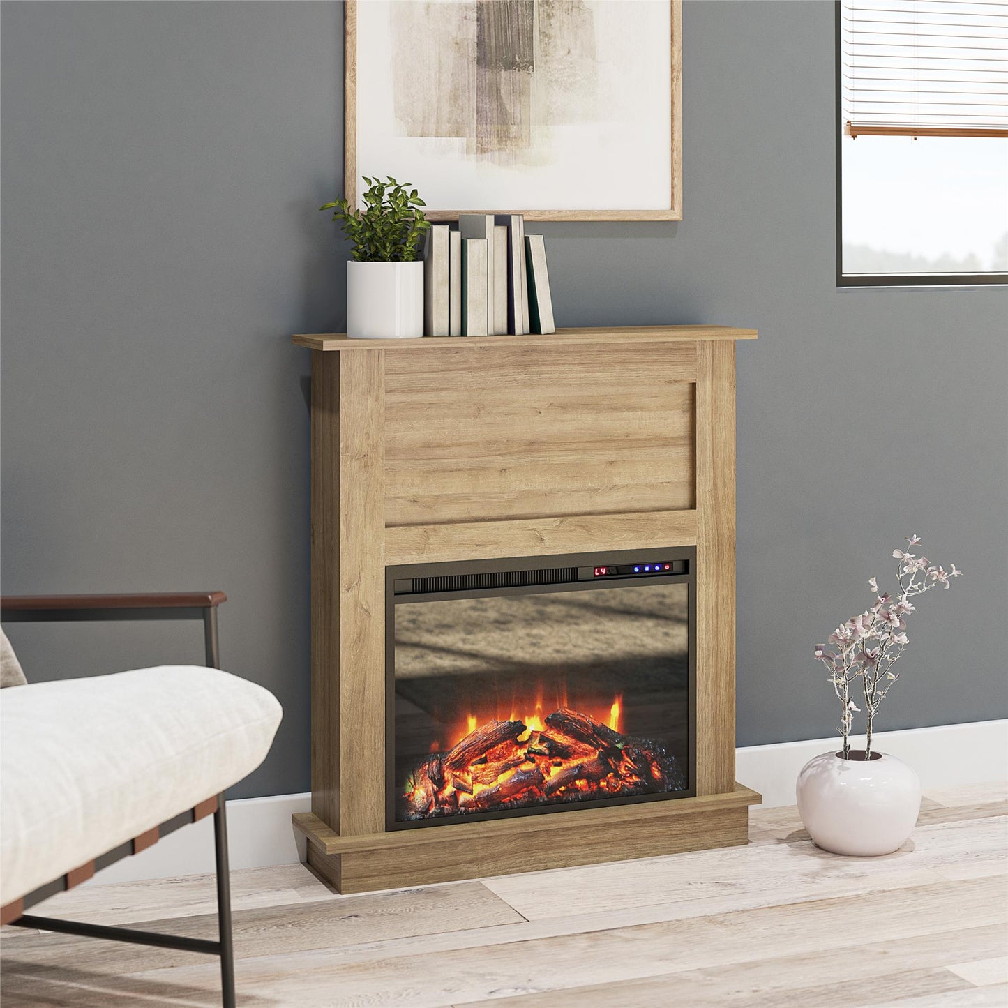 Ellsworth Modern Electric Fireplace with Mantel and 23 Inch Fireplace Insert - Natural