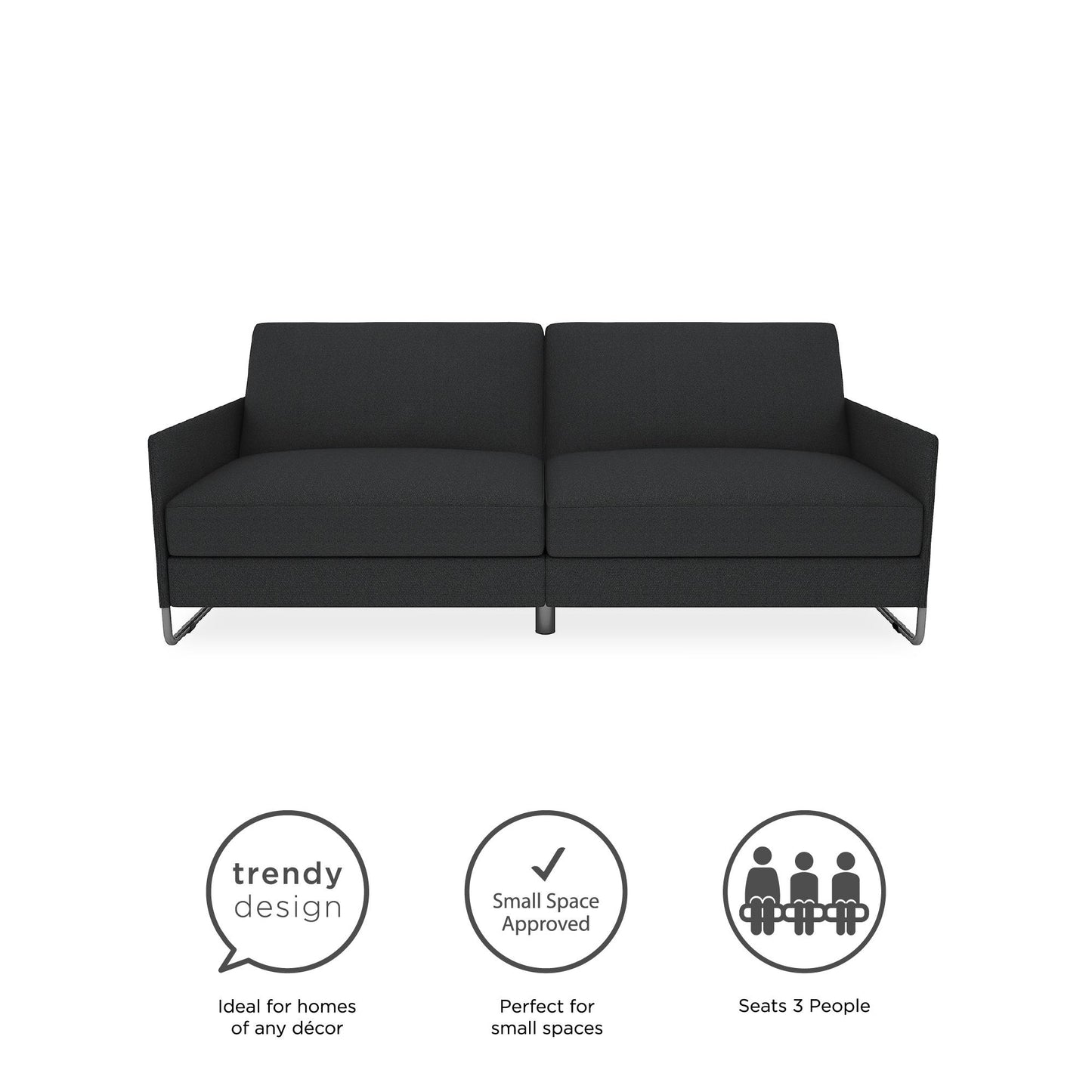 Pembroke Convertible Futon with Armrests and Metal Sleigh Legs - Grey Linen