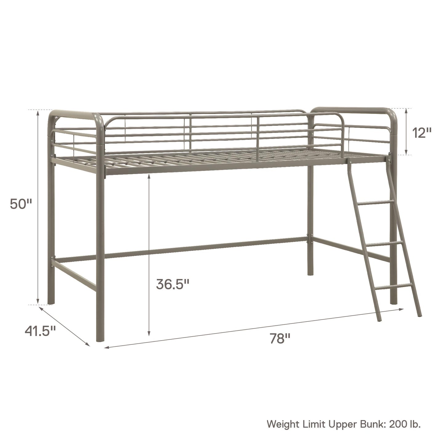 Jett Junior Loft Bed with Metal Frame and Built-In Ladder - Silver - Twin