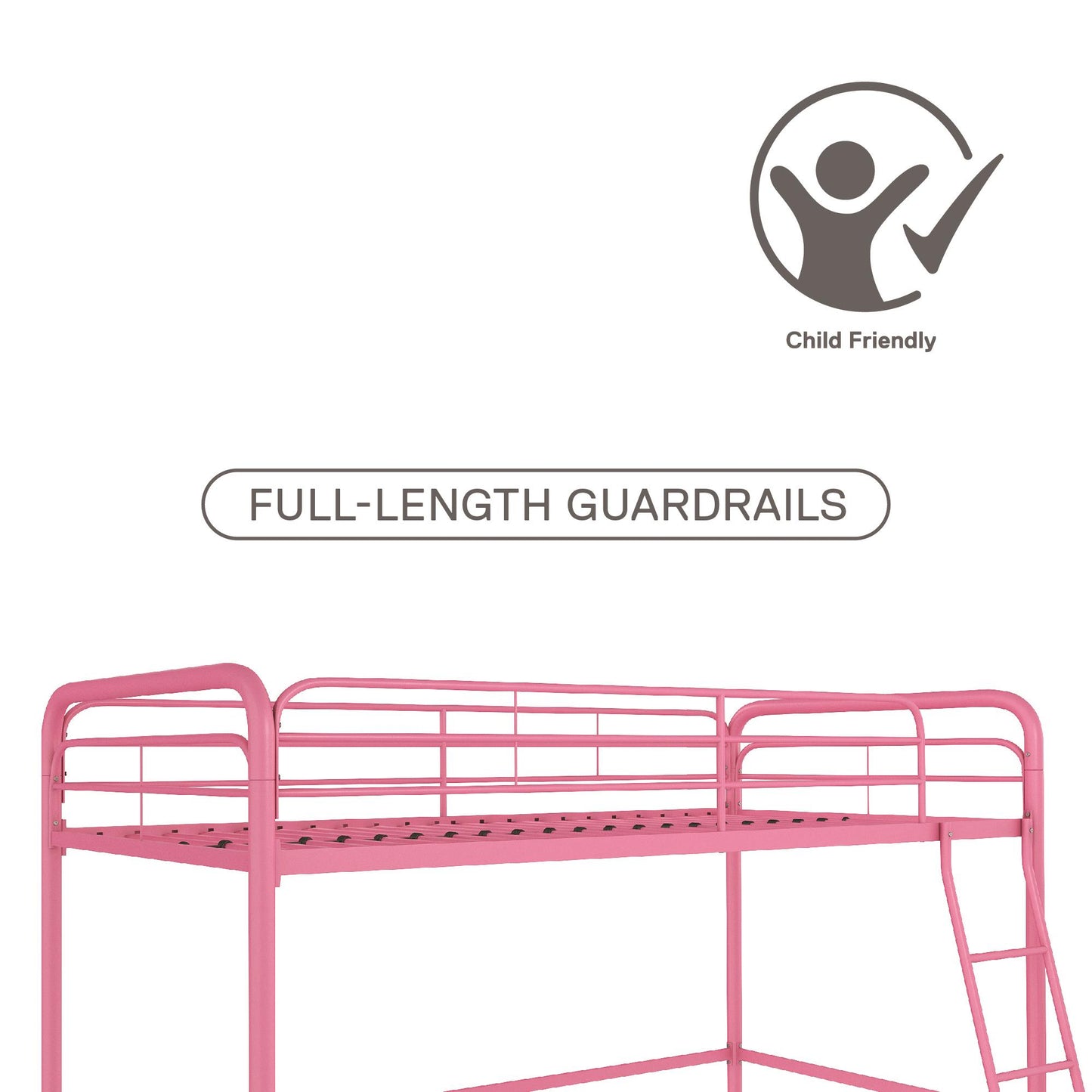 Jett Junior Loft Bed with Metal Frame and Built-In Ladder - Pink - Twin