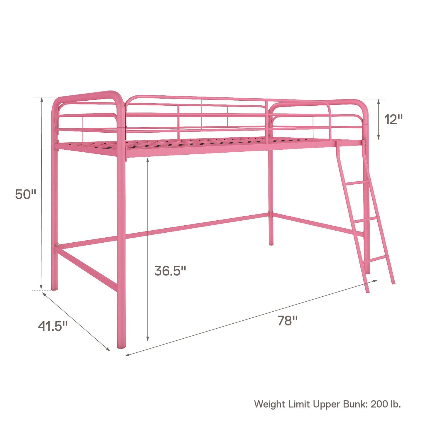 Jett Junior Loft Bed with Metal Frame and Built-In Ladder - Pink - Twin