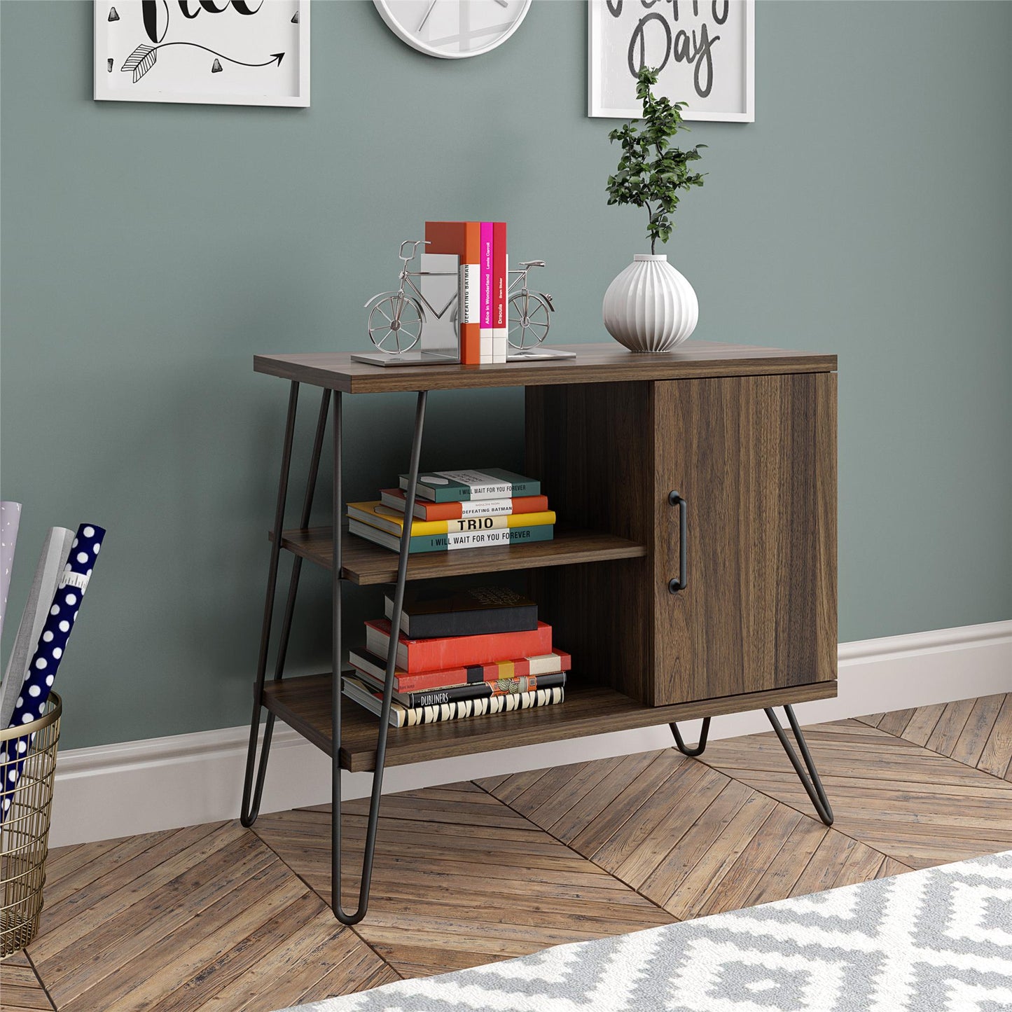 Haven Retro 3 Shelf Bookcase with Open and Closed Storage and Hairpin Legs - Florence Walnut