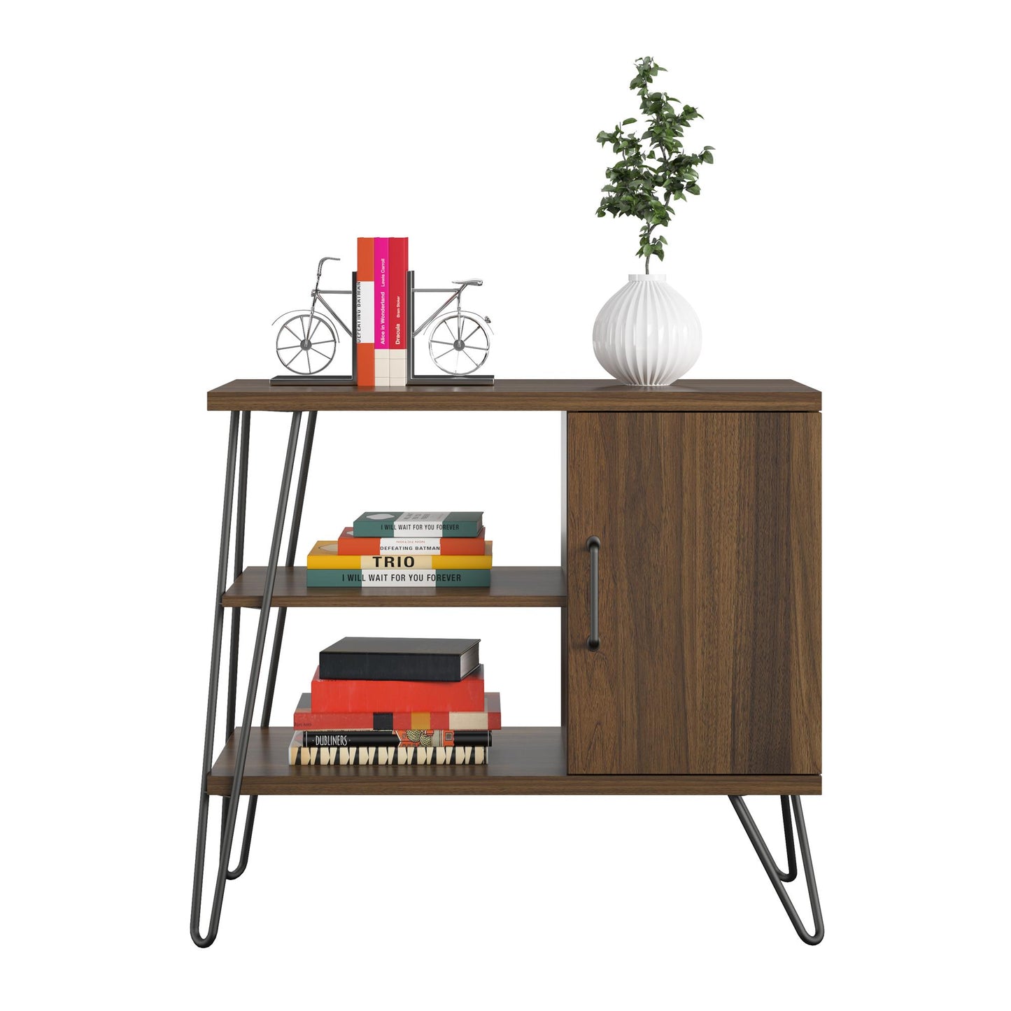 Haven Retro 3 Shelf Bookcase with Open and Closed Storage and Hairpin Legs - Florence Walnut