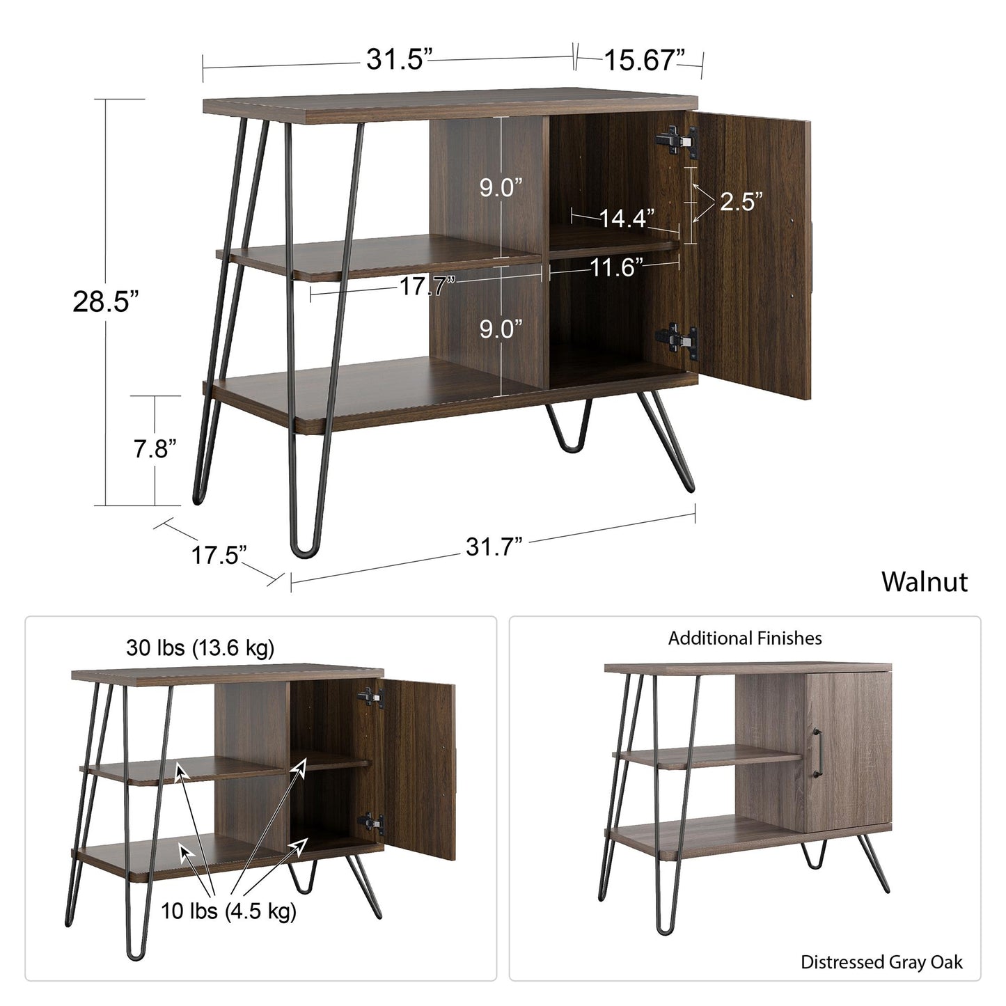 Haven Retro 3 Shelf Bookcase with Open and Closed Storage and Hairpin Legs - Florence Walnut
