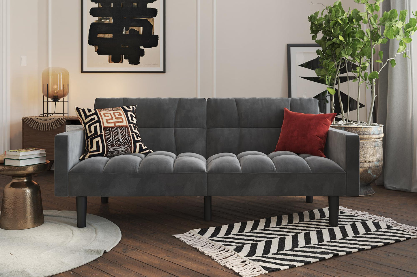 Harper Convertible Upholstered Futon with Wide Track Arms - Gray