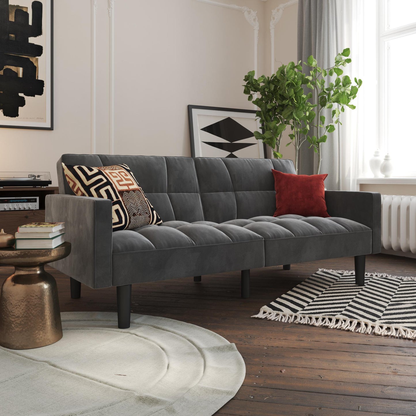 Harper Convertible Upholstered Futon with Wide Track Arms - Gray