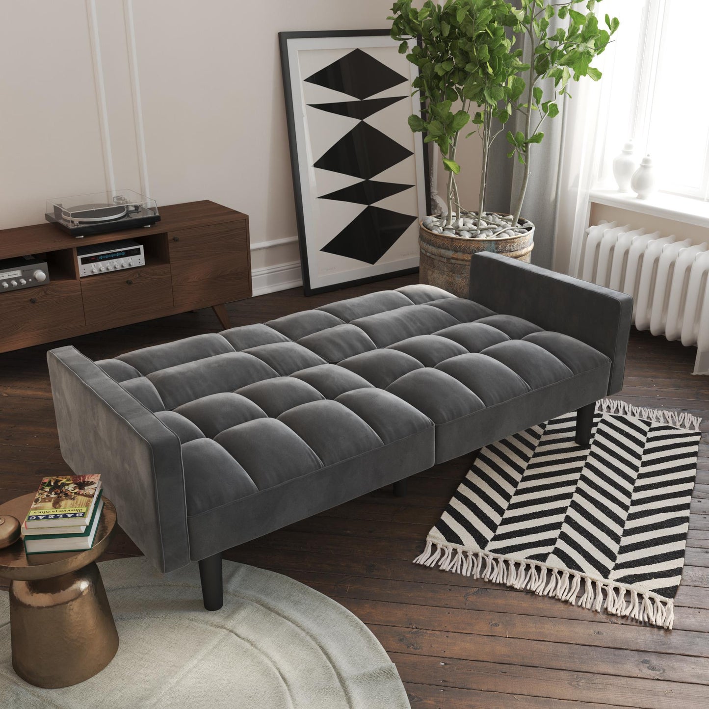 Harper Convertible Upholstered Futon with Wide Track Arms - Gray