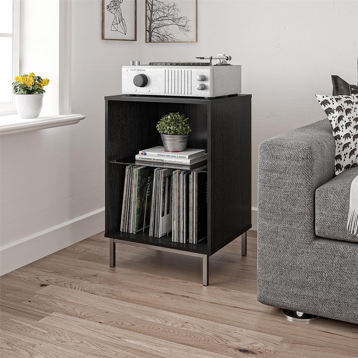 Lumina Turntable Stand with 2 Shelves and LED Lights - Black Oak