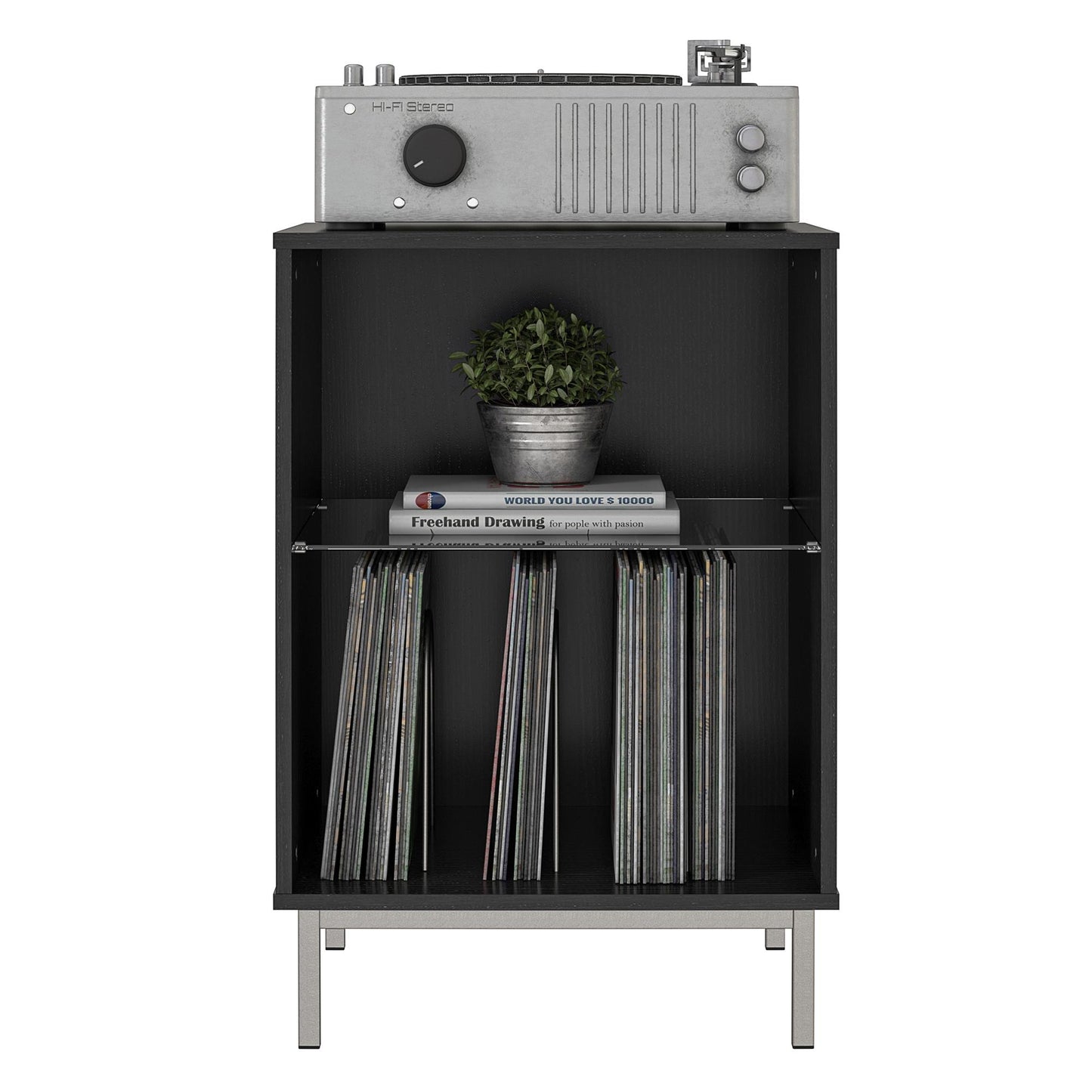 Lumina Turntable Stand with 2 Shelves and LED Lights - Black Oak
