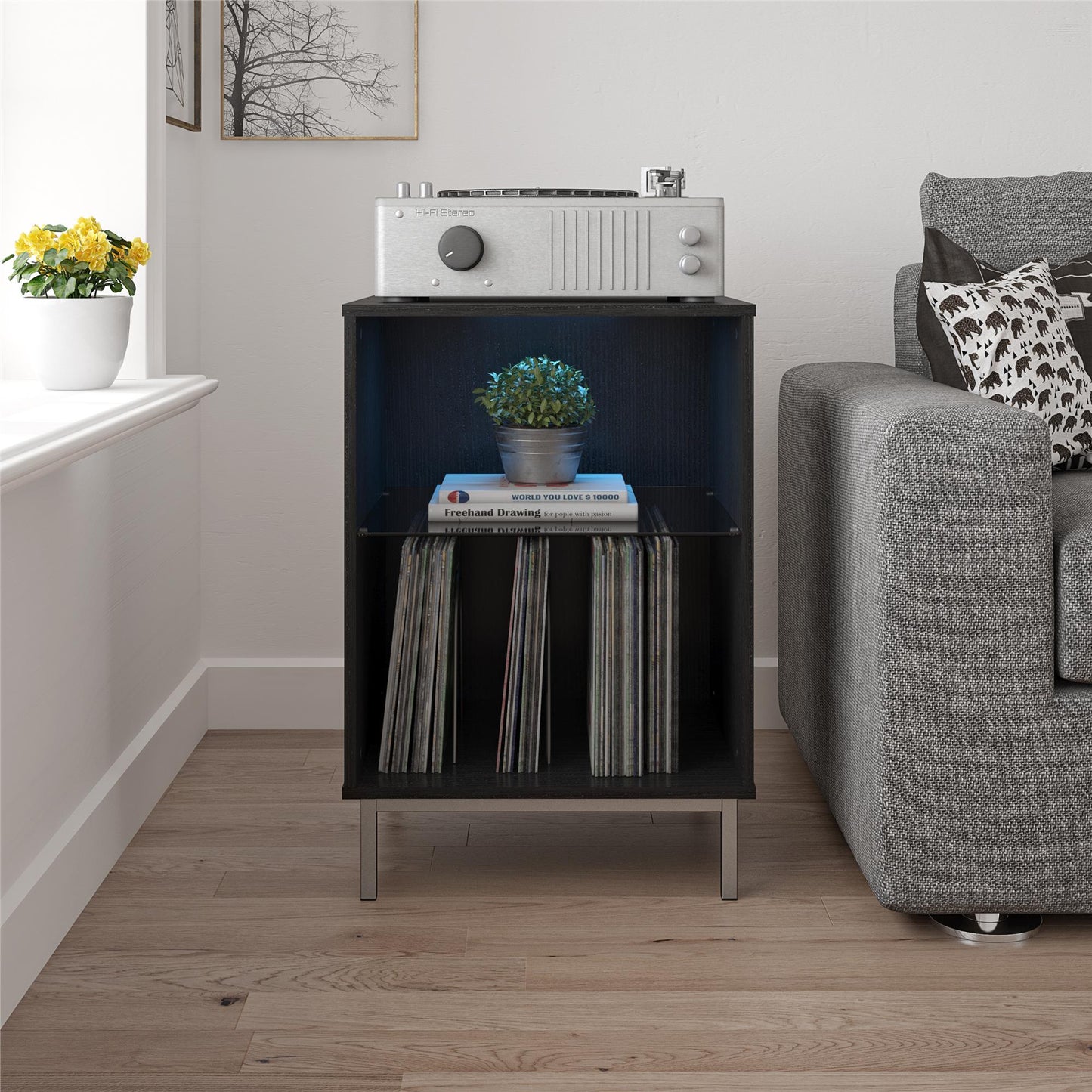Lumina Turntable Stand with 2 Shelves and LED Lights - Black Oak