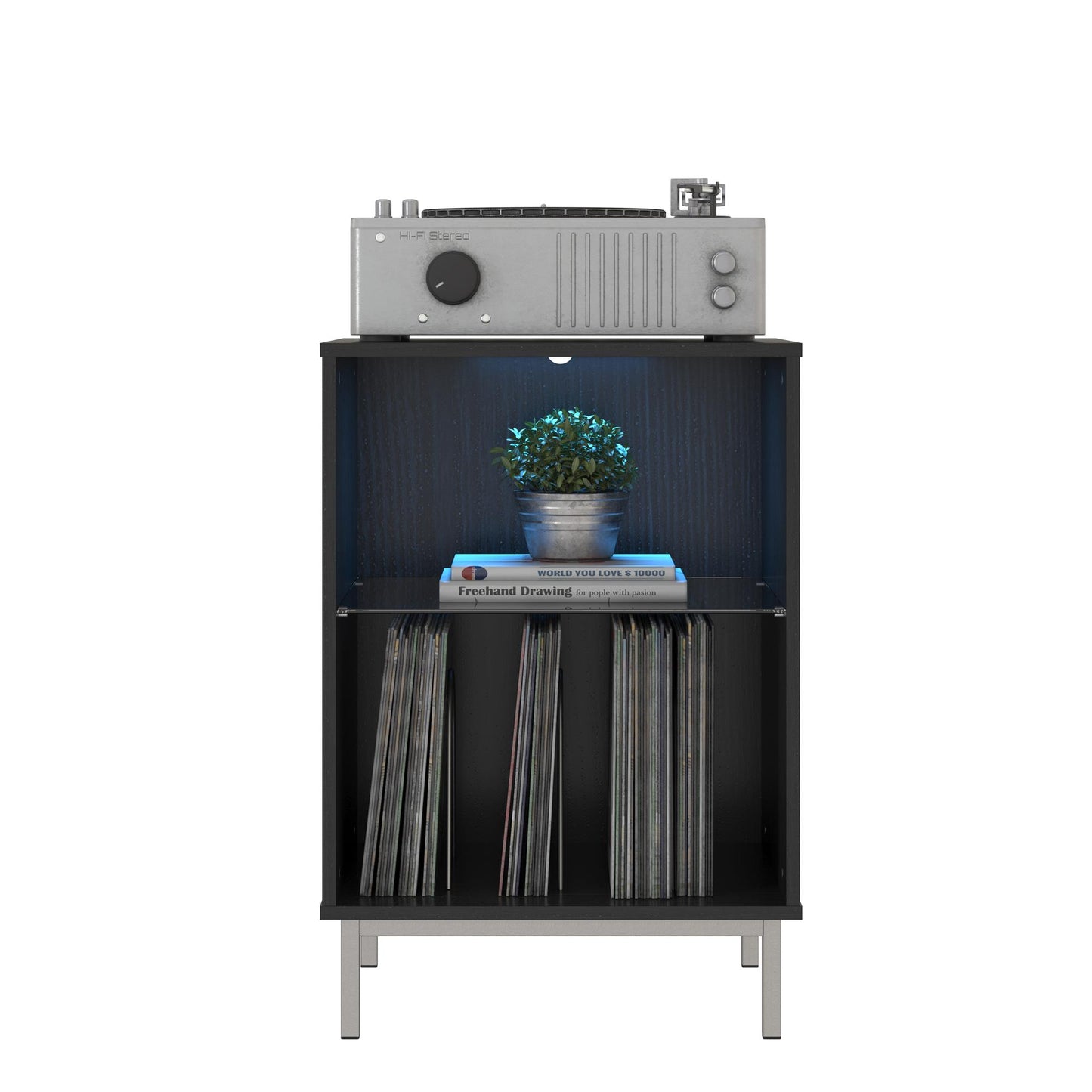 Lumina Turntable Stand with 2 Shelves and LED Lights - Black Oak