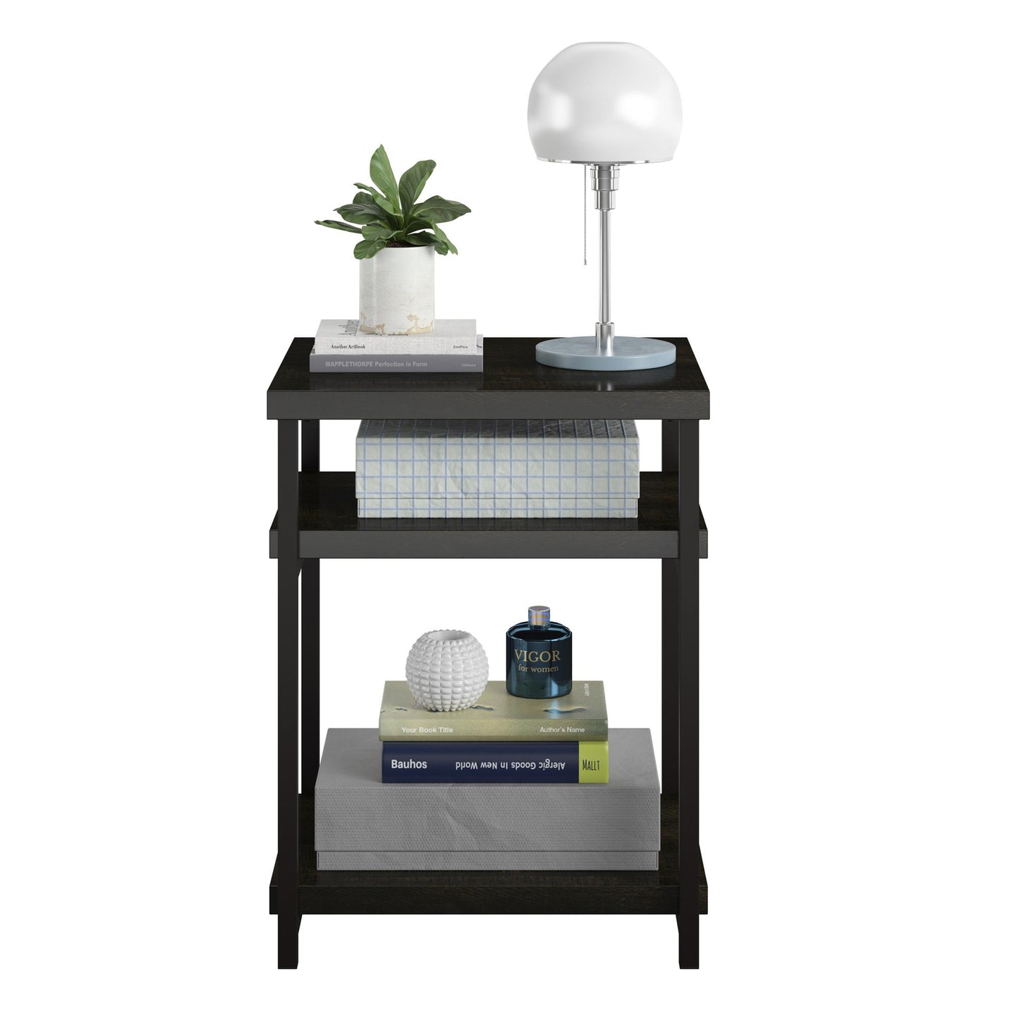Elmwood End Table with 2 Lower Shelves and Metal Frame - Brown Oak