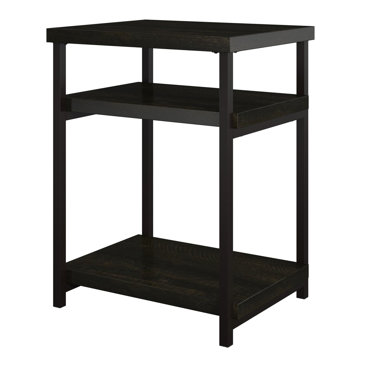 Elmwood End Table with 2 Lower Shelves and Metal Frame - Brown Oak
