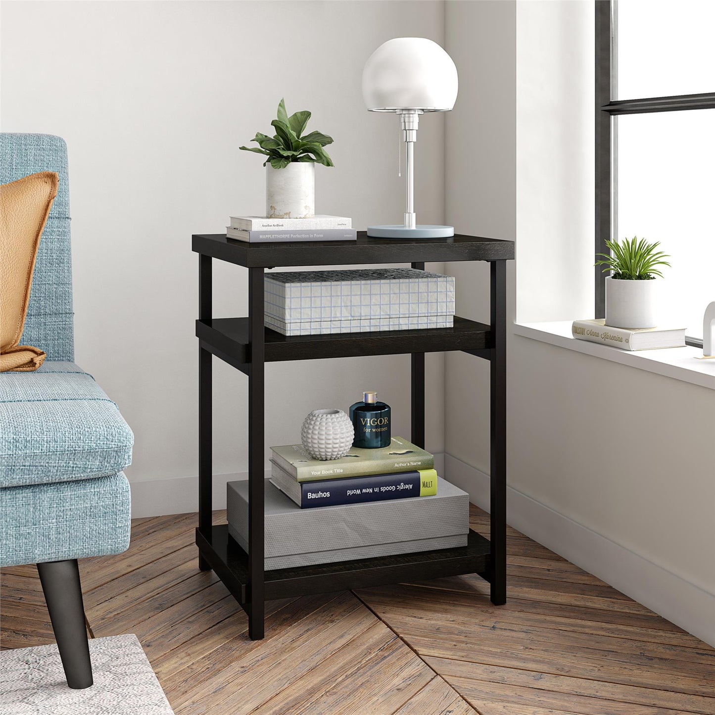 Elmwood End Table with 2 Lower Shelves and Metal Frame - Brown Oak