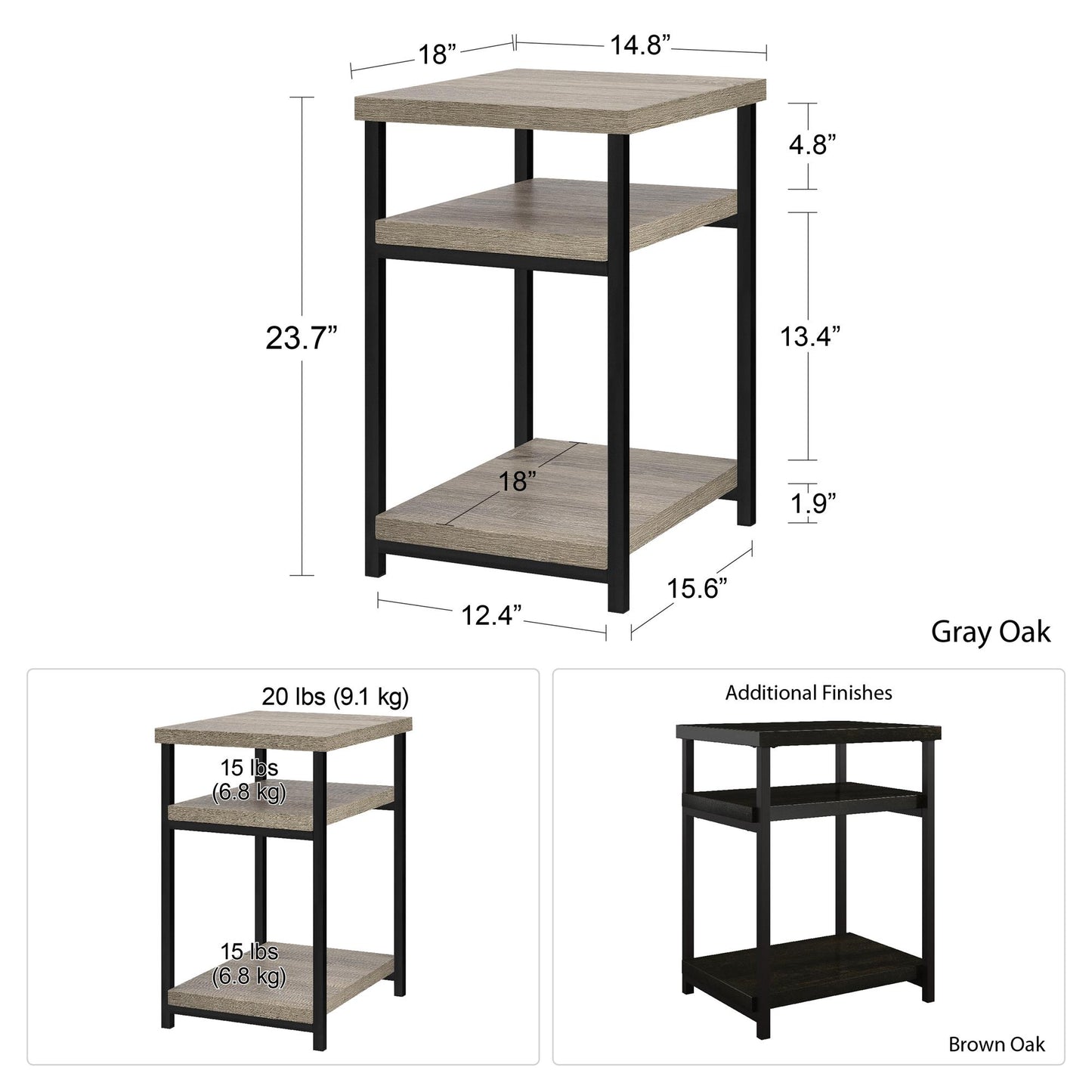 Elmwood End Table with 2 Lower Shelves and Metal Frame - Brown Oak
