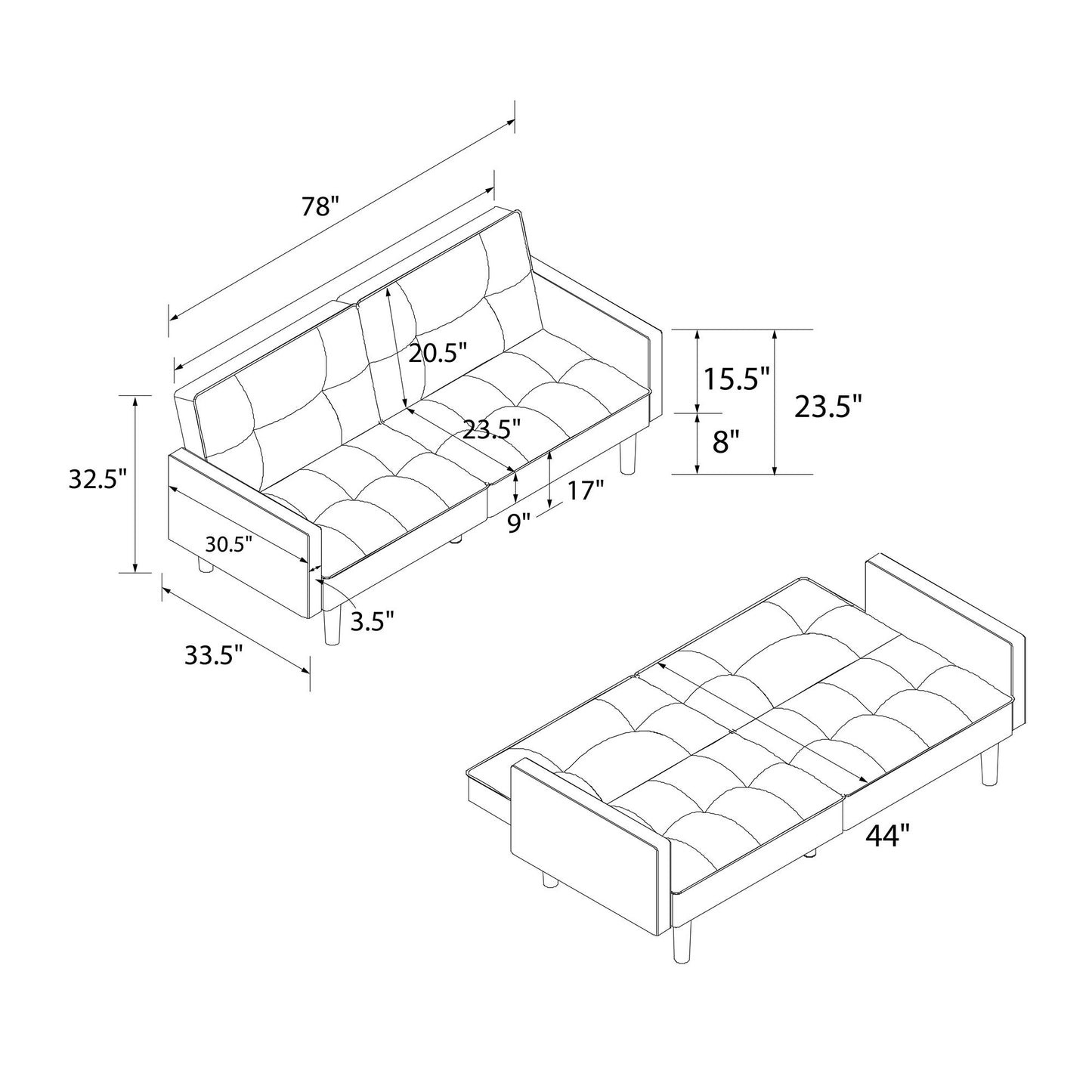 Harper Convertible Upholstered Futon with Wide Track Arms - Gray