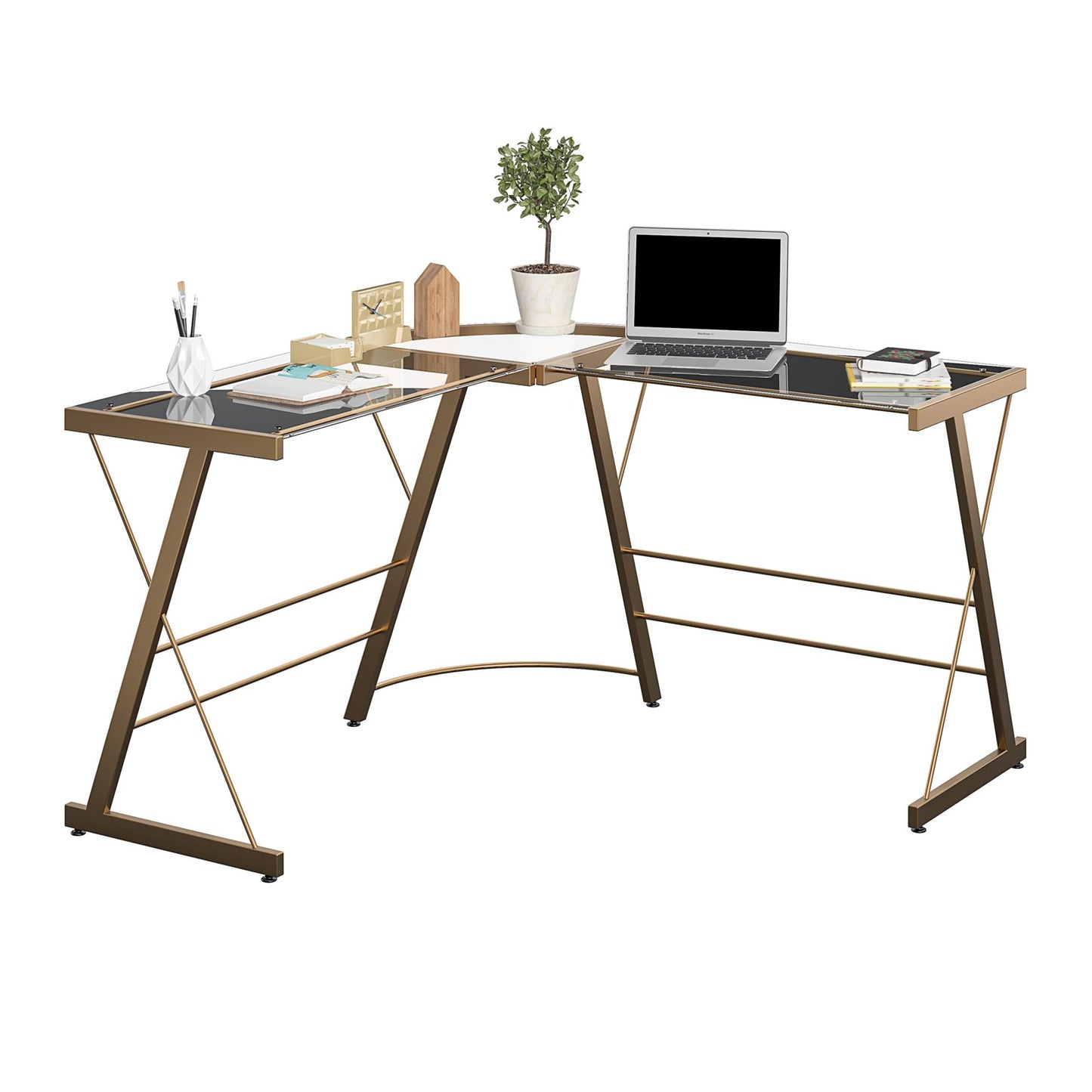 Odin Glass L-Shaped Computer Desk, Gold - Gold