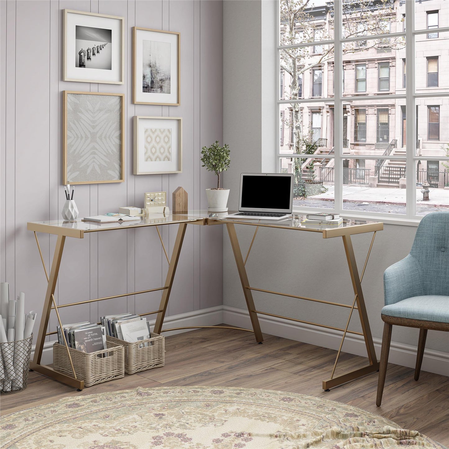 Odin Glass L-Shaped Computer Desk, Gold - Gold