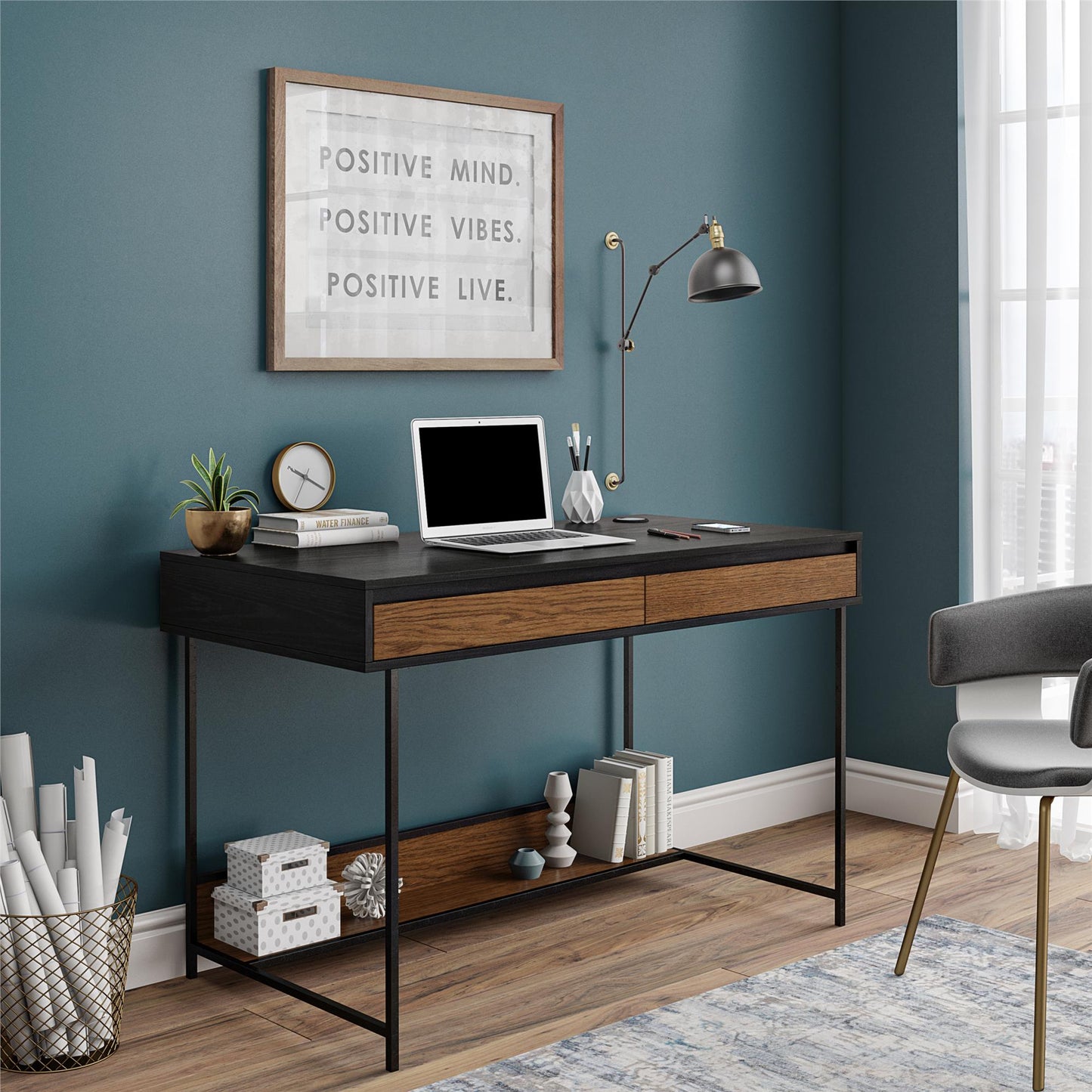 Reznor Computer Desk, with 2 Drawers and Wireless Charger - Black Oak