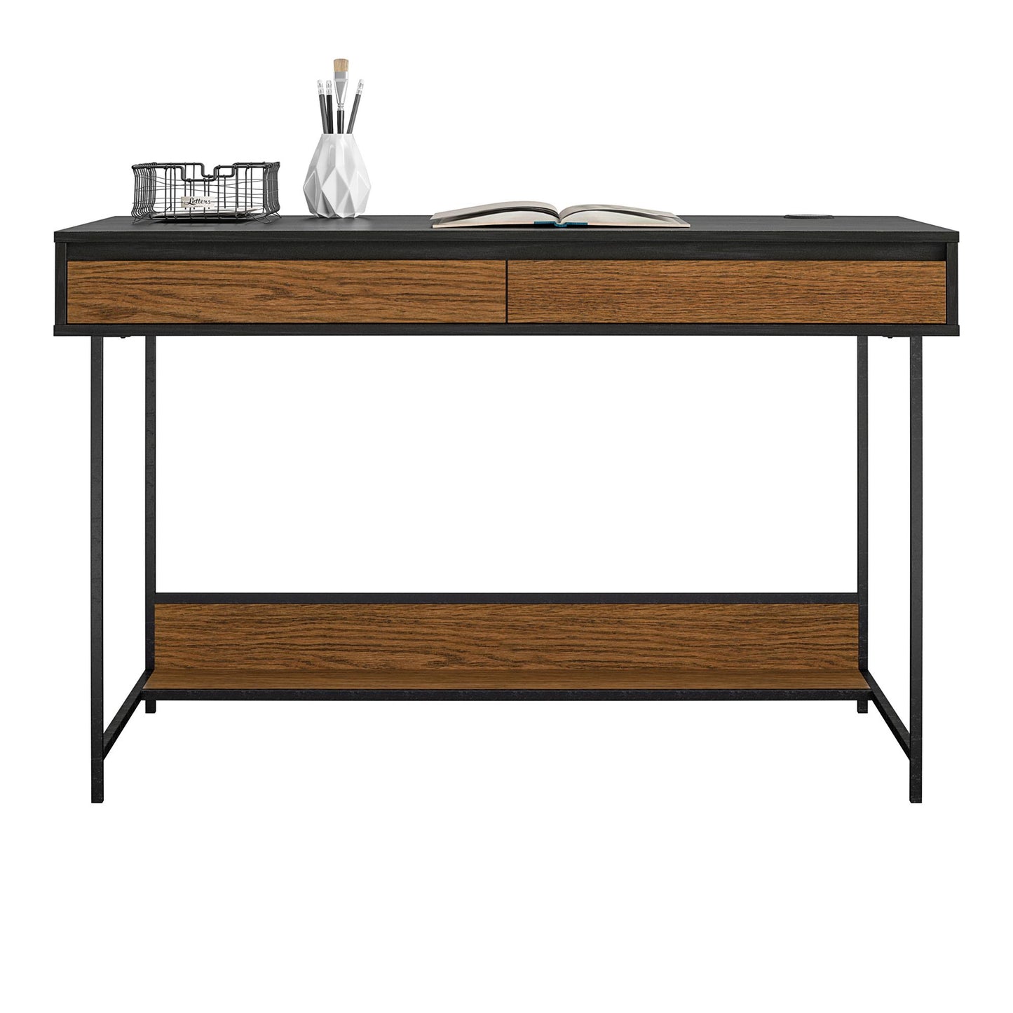 Reznor Computer Desk, with 2 Drawers and Wireless Charger - Black Oak